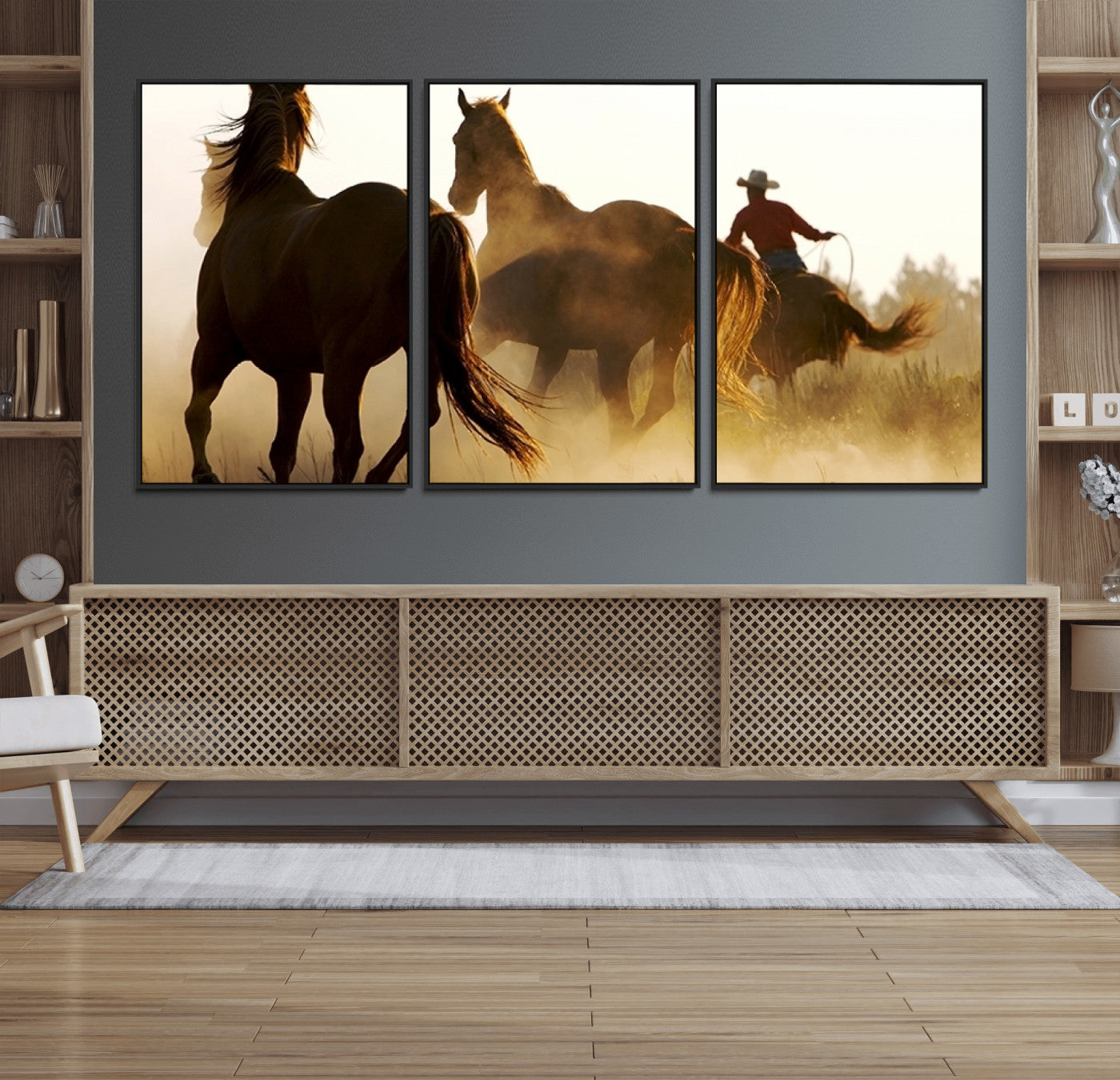 49068-MGV-FC-60X30-3P_Black-Horses and Cowboys Wall Art Canvas Print