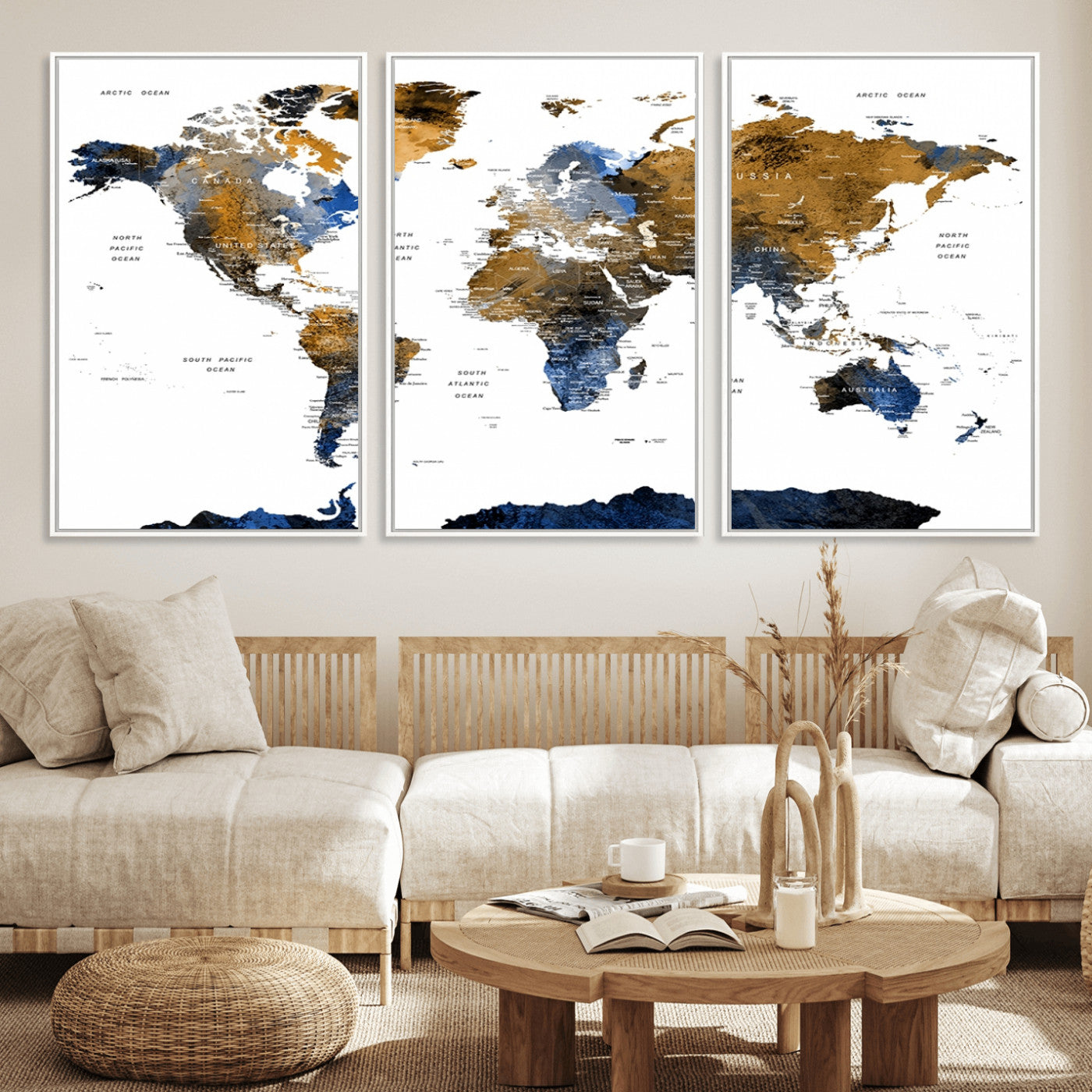 56231-MGV-FC-60X30-3P_White-Navy and Gold World Map Canvas Wall Art – Framed Modern World Map Print, Elegant Travel Inspired Artwork for Home and Office Decor