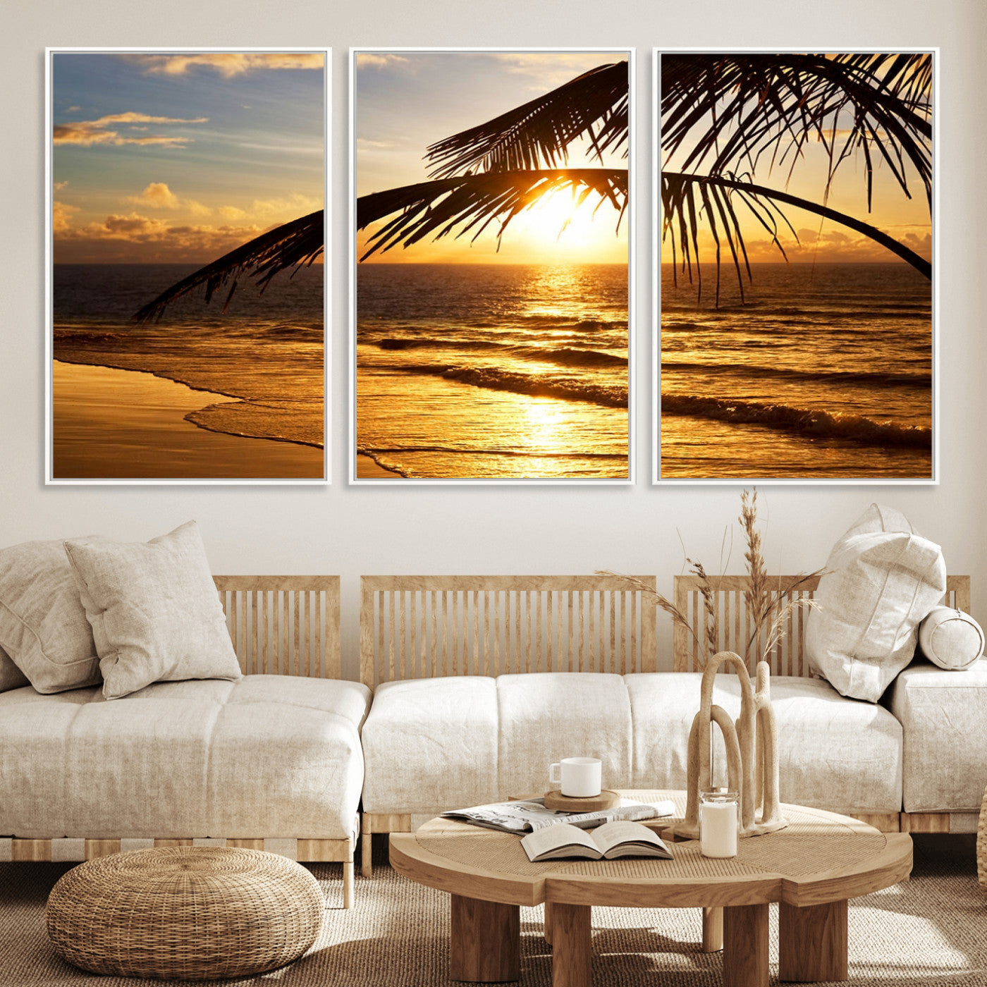 41507-MGV-FC-60X30-3P_White-Golden Tropical Beach Sunset Canvas Triptych, Coastal Palm Tree Wall Art, Ocean Shoreline Giclee