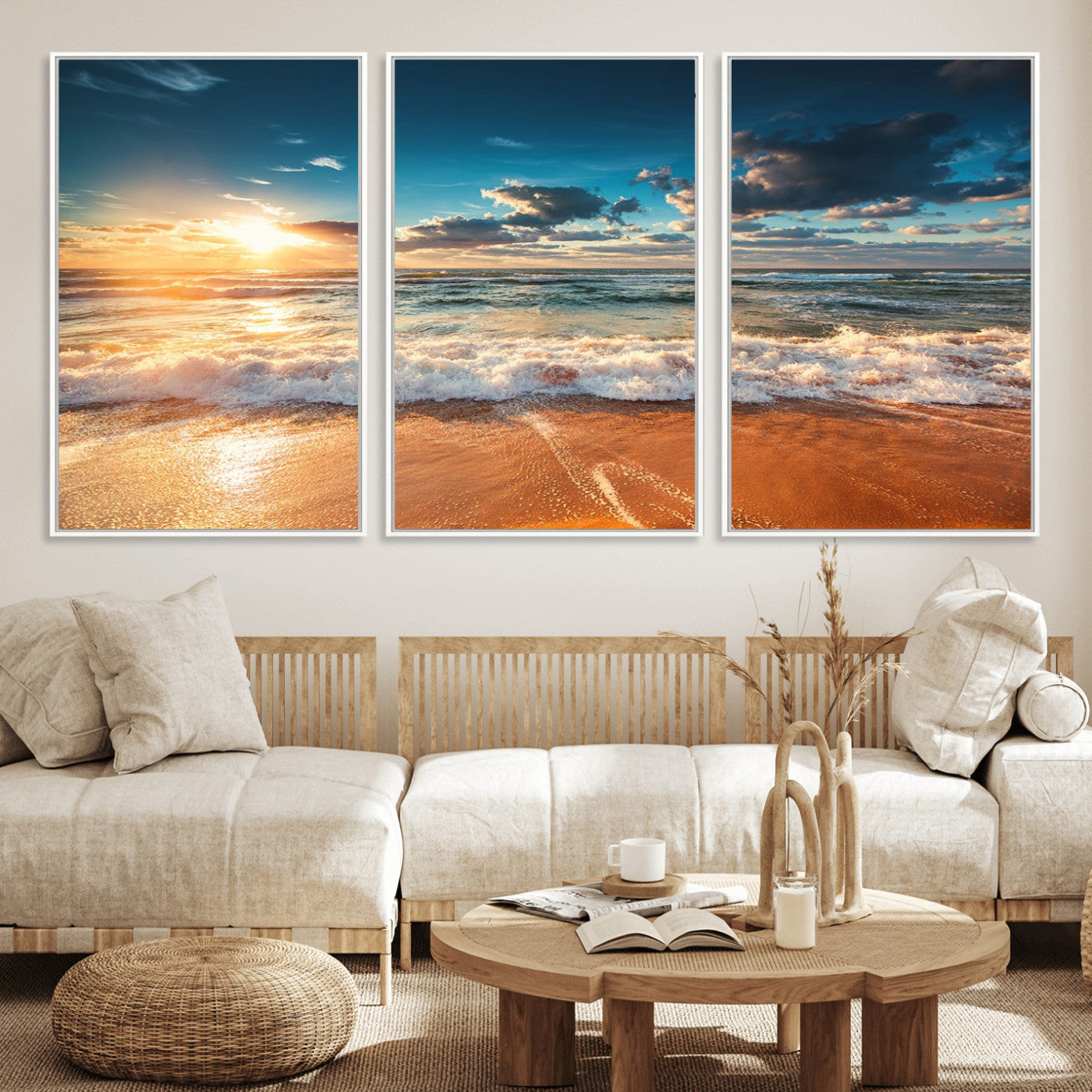 35648-MGV-FC-60X30-3P_White-Golden Sunset Beach Triptych Canvas Art, Giclee Coastal Wall Decor, Ocean Waves Print, Modern Beach