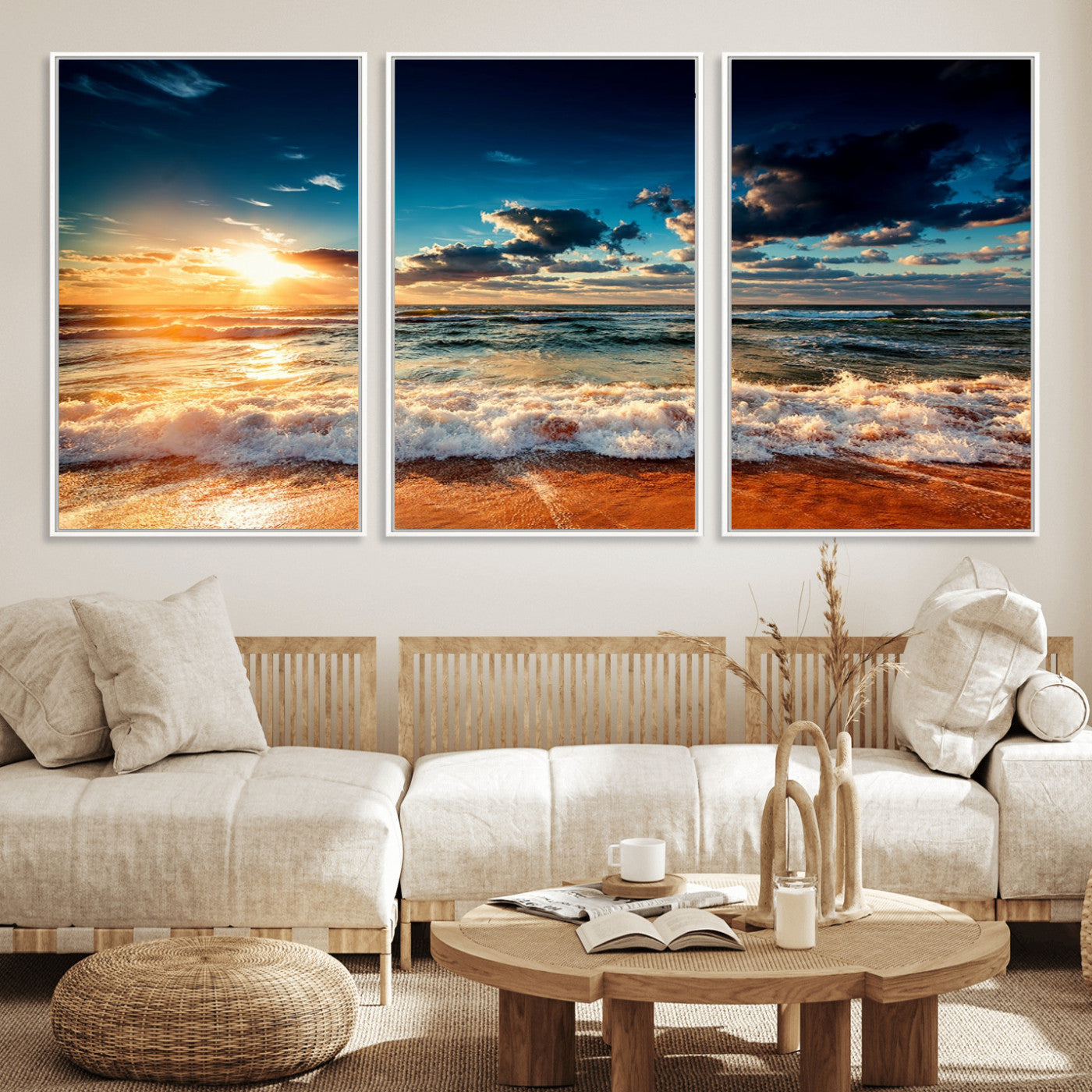 26996-MGV-FC-60X30-3P_White-Golden Hour Sunset Over Ocean Waves Wall Art Canvas Print | 3 Panel Coastal Landscape Canvas Wall