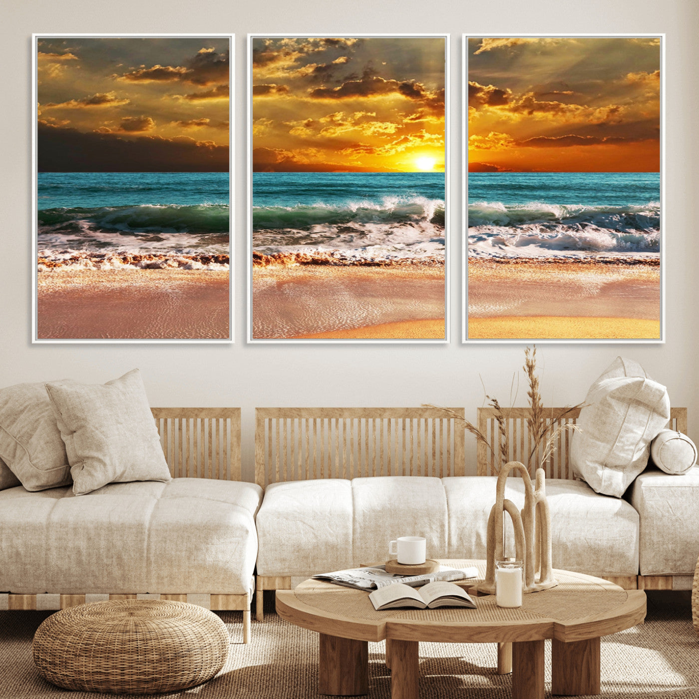 16495-MGV-CV-36X24-Golden Sunset Beach Canvas Wall Art – Triptych Seascape Print – Framed and Ready to Hang for Living