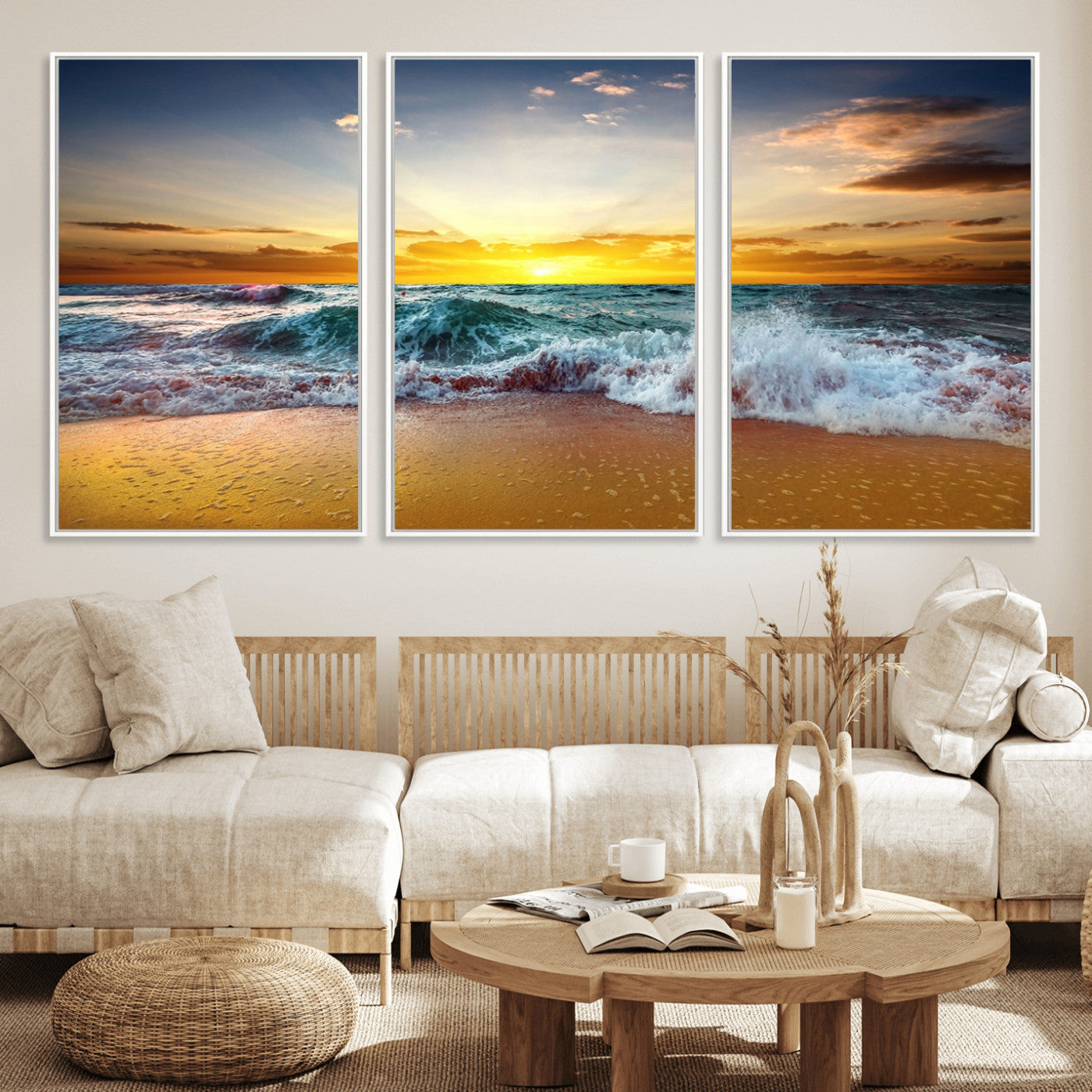 73401-MGV-FC-60X30-3P_White-Golden Sunset Ocean Waves Wall Art Canvas Print – Multi Panel Beach Canvas Print Set – Large Coastal