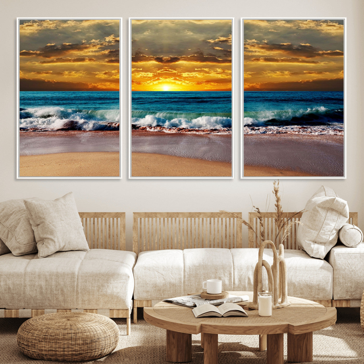 83389-MGV-FC-60X30-3P_White-Ocean Sunrise Over Golden Beach Waves, Giclee Canvas Wall Art Set, High-Quality Stretched Canvas