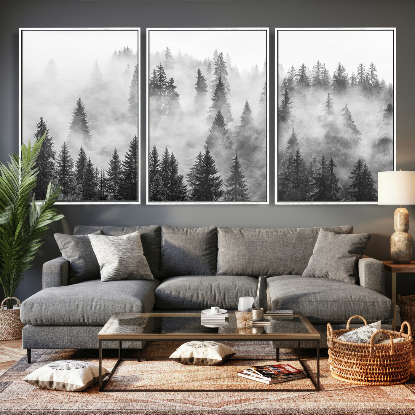 10422-MGV-CV-36X24 - Forest Wall Art Print | Foggy Pine Forest Canvas Wall Art - Black and White Nature Decor for Living