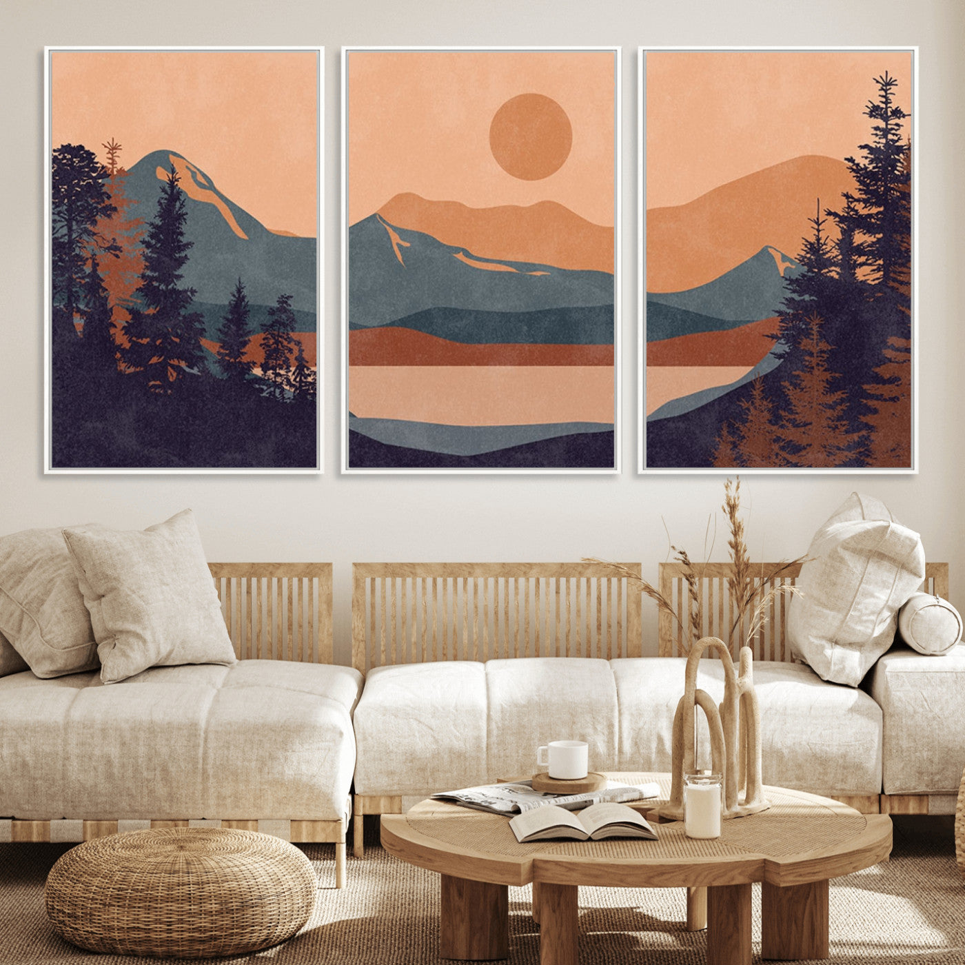 62795-MGV-FC-60X30-3P_White-Modern Boho Sunset Canvas Print, Mountain Landscape Triptych – Giclée Canvas Art Print for Living