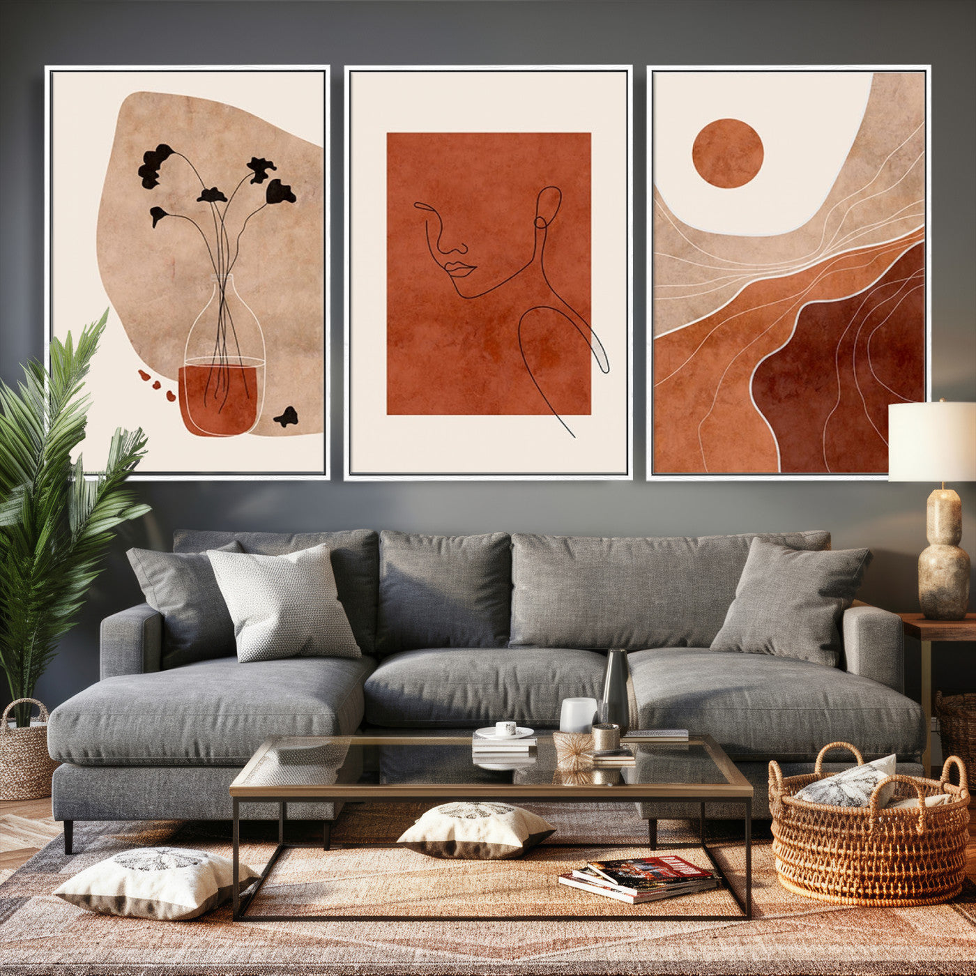 56768-MGV-CV-60X30-3P - Boho Sunset Mountain Canvas Print, Modern Boho Sunset Mountain Landscape Triptych – Giclée Canvas