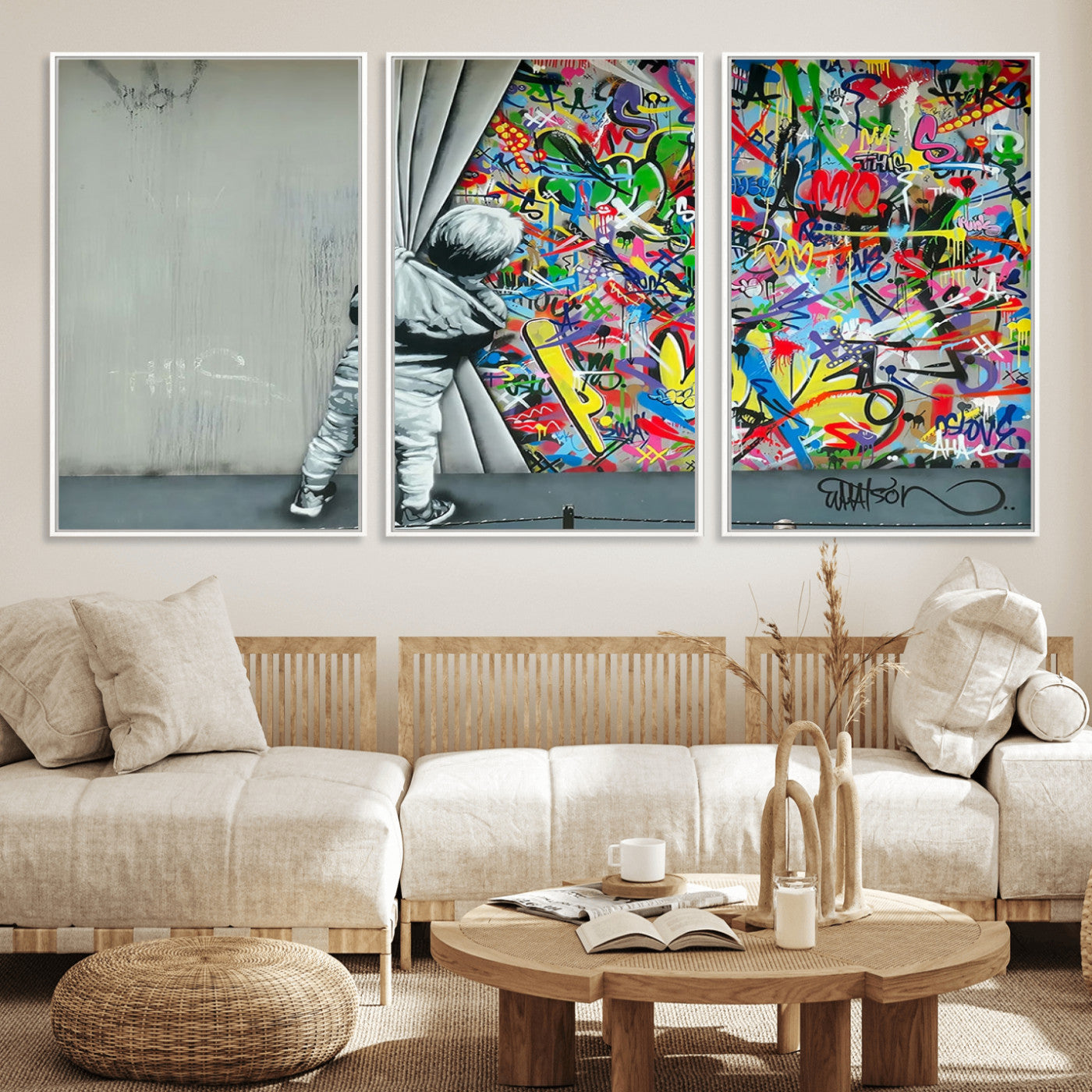 51713-MGV-CV-36X24-Banksy Colorful Street Graffiti Canvas Wall Art Print, Modern Art Triptych, Child and Graffiti Wall,
