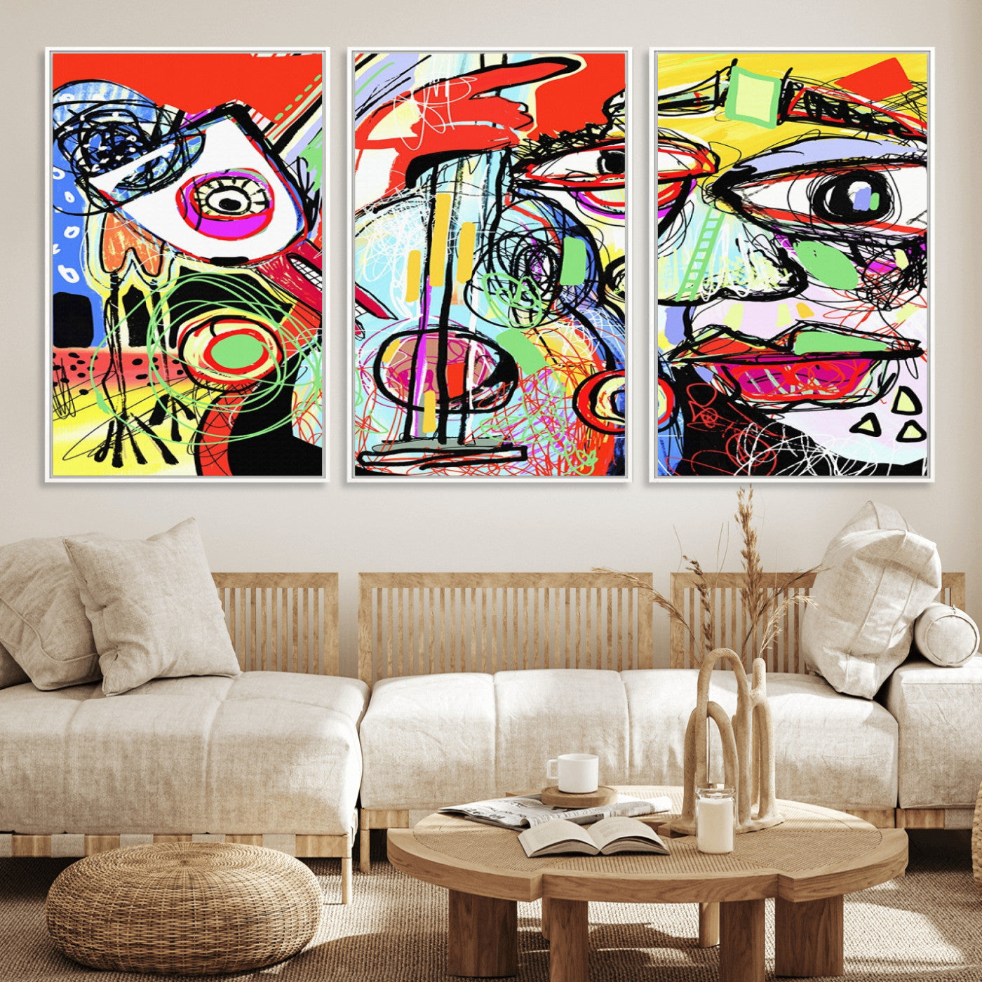 37796-MGV-FC-60X30-3P_White-Picasso Style Art Abstract Canvas Wall Art Print , Colorful Abstract Artwork