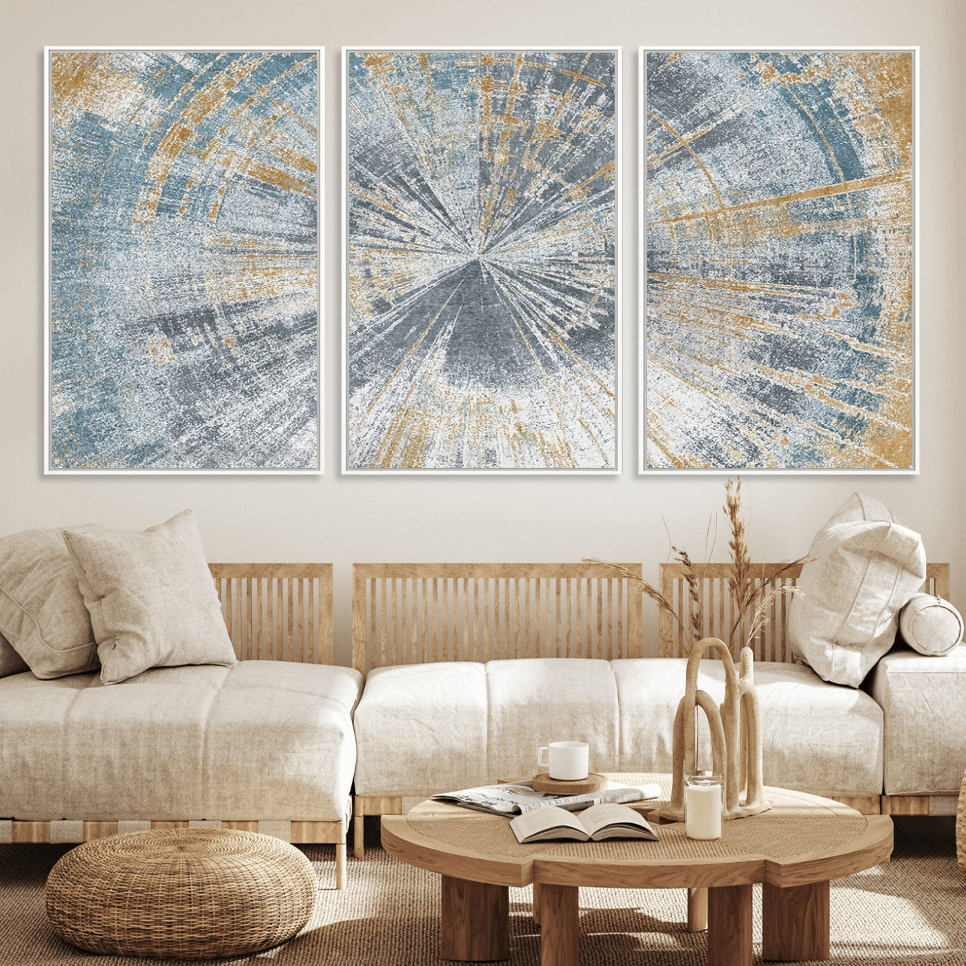 17631-MGV-FC-60X30-3P_White-Radiant Abstract Wood Rings Canvas Art – Modern Triptych Wall Decor for Living Room or Farmhouse