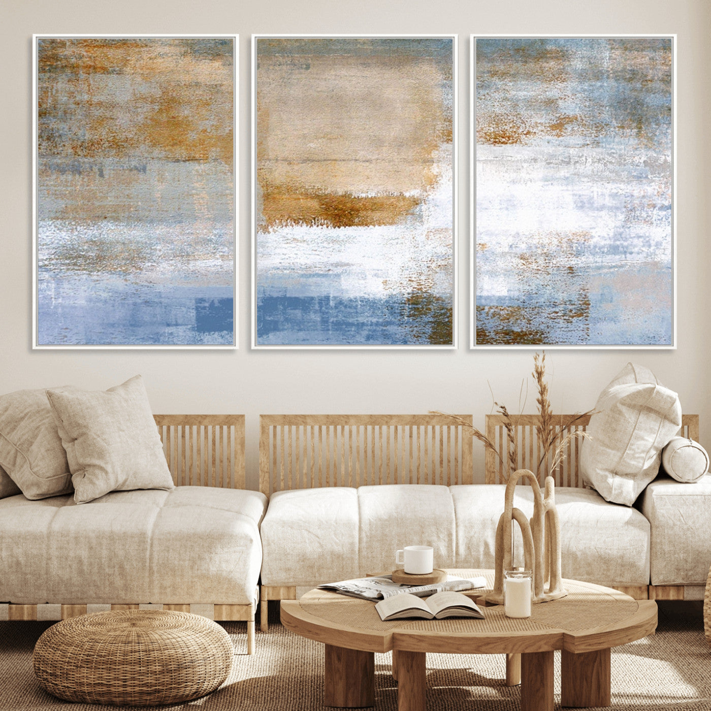 72354-MGV-FC-60X30-3P_White-Blue Multi Panel Abstract Wall Art Canvas, Abstract Blue and Gold Canvas Print