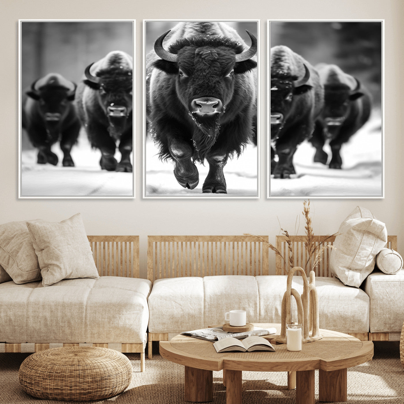 79872-MGV-FC-60X30-3P_White-American Bison Art | Buffalo Herd Wall Art Canvas Print, BW American Bison Herd Wall Art Canvas