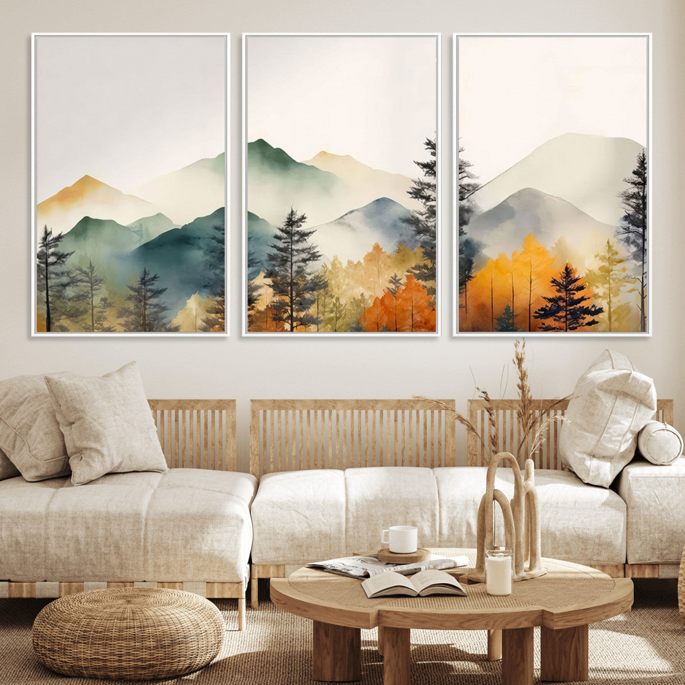 25689-MGV-FC-60X30-3P_White-Abstract Watercolor Mountains and Trees Autumn Wall Art, Mountains and Trees Autumn Wall Art Canvas