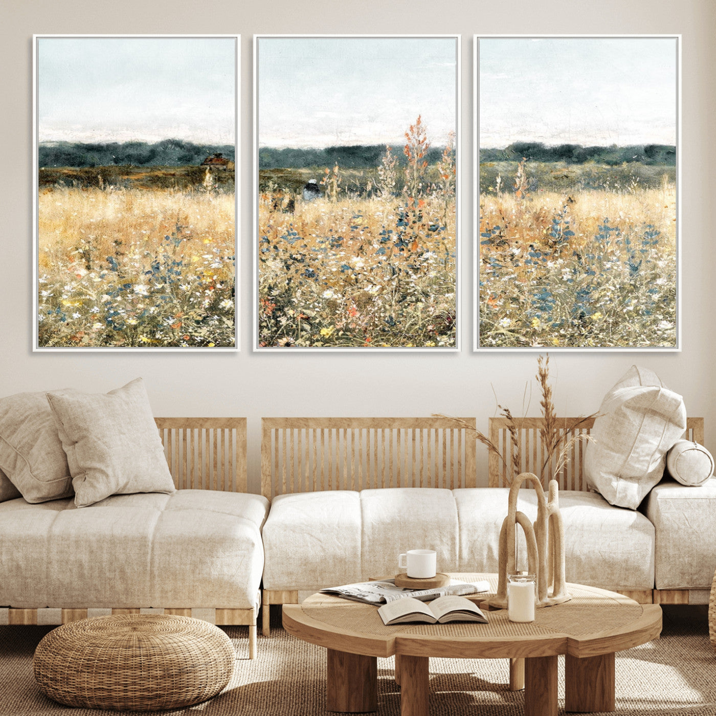 98941-MGV-FC-60X30-3P_White-Wildflower Field Wall Art Canvas | Nature-Inspired Landscape Canvas Print for Living Room or Office