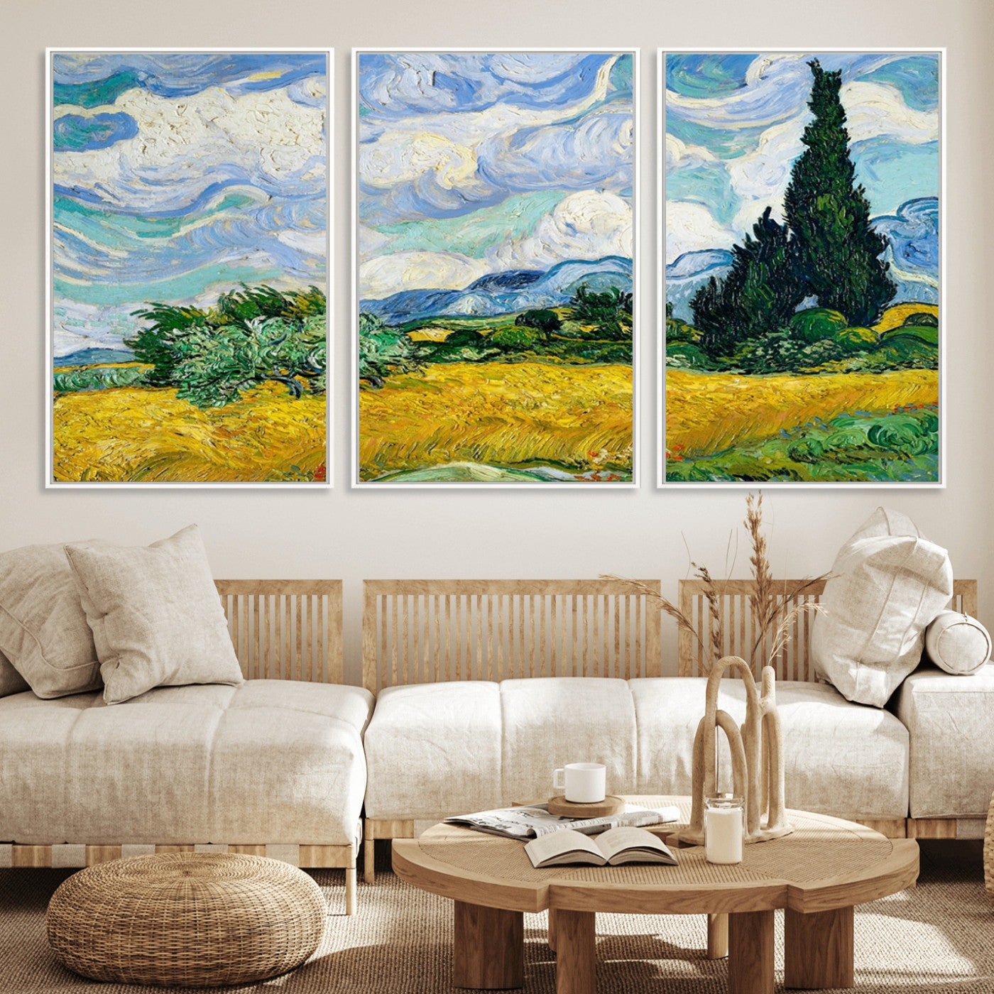 97252-MGV-FC-60X30-3P_White-Wheatfield With Cypresses By Van Gogh Painting Wall Art Canvas, Wheatfield With Cypresses Canvas