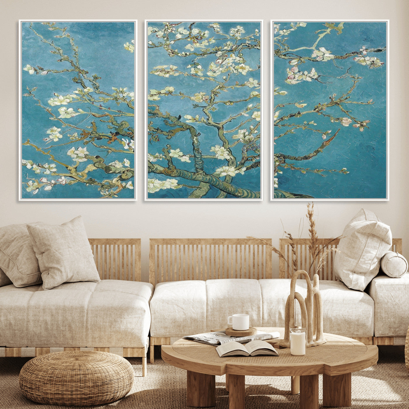 65607-MGV-FC-60X30-3P_White-Vincent Van Gogh's Almond Blossom Abstract Wall Art Canvas, Van Gogh Almond Blossom Canvas Print