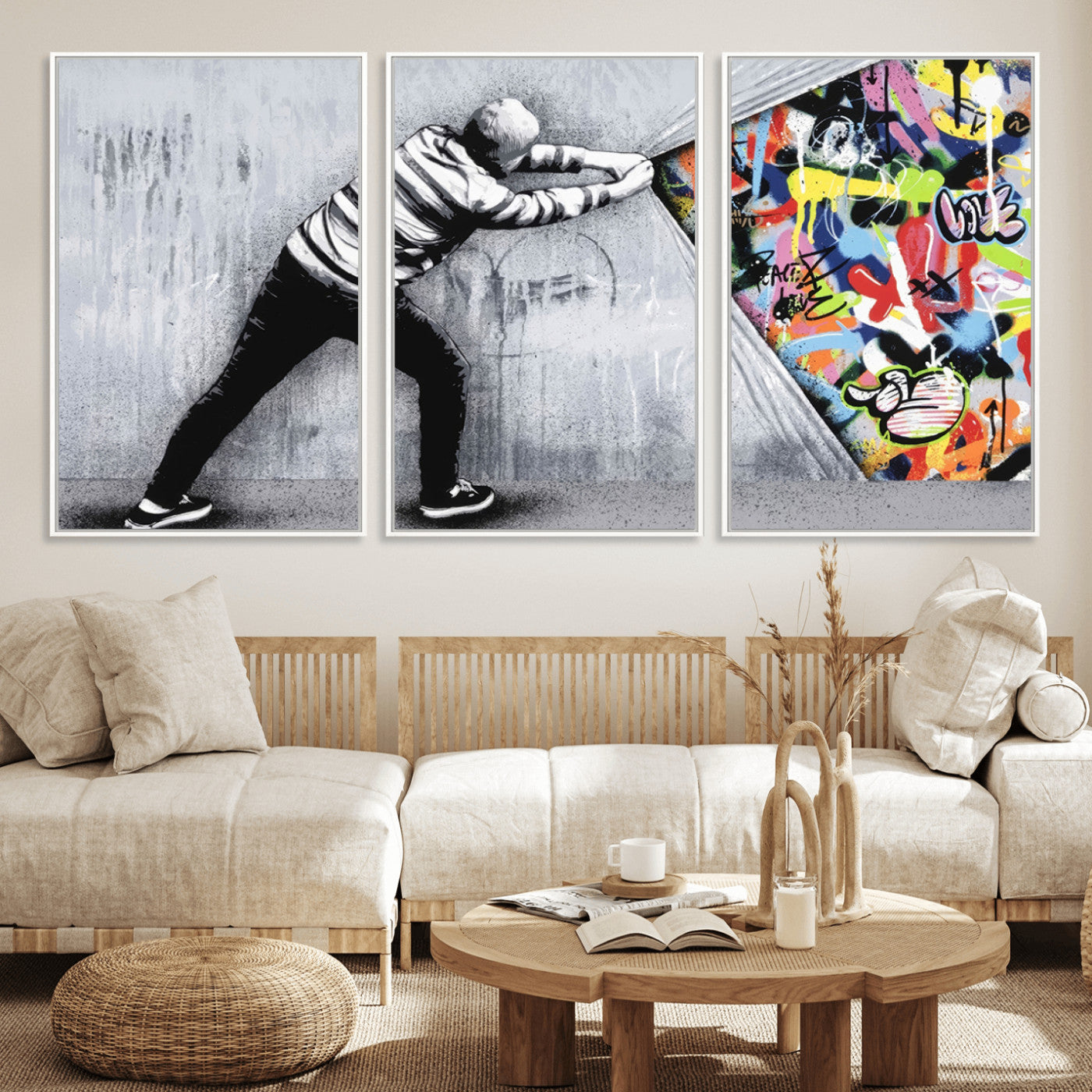 52252-MGV-FC-60X30-3P_White-Banksy Art Behind the Curtain Street Wall Art Canvas Print | 3-Panel Urban Graffiti-Inspired Wall
