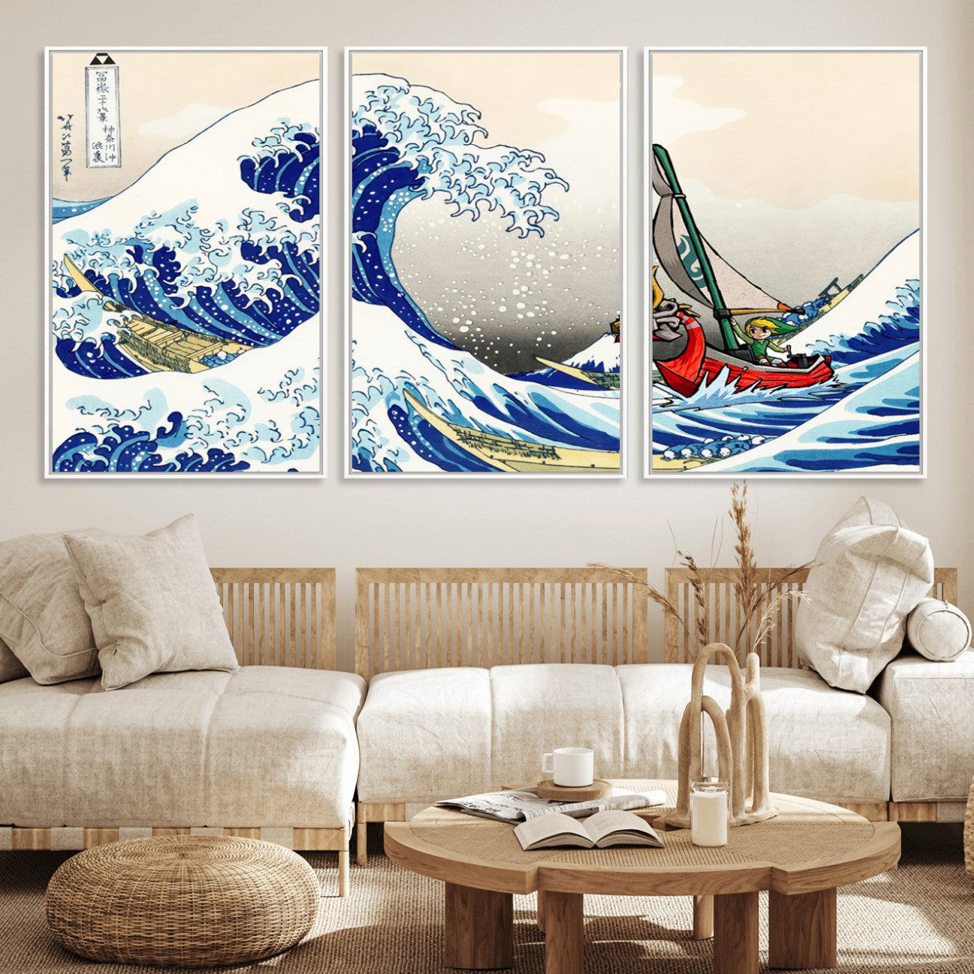 19450-MGV-FC-60X30-3P_White-Katsushika Hokusai Kanagawa Giant Wave Wall Art Canvas Print | Iconic Japanese Art for Living Room
