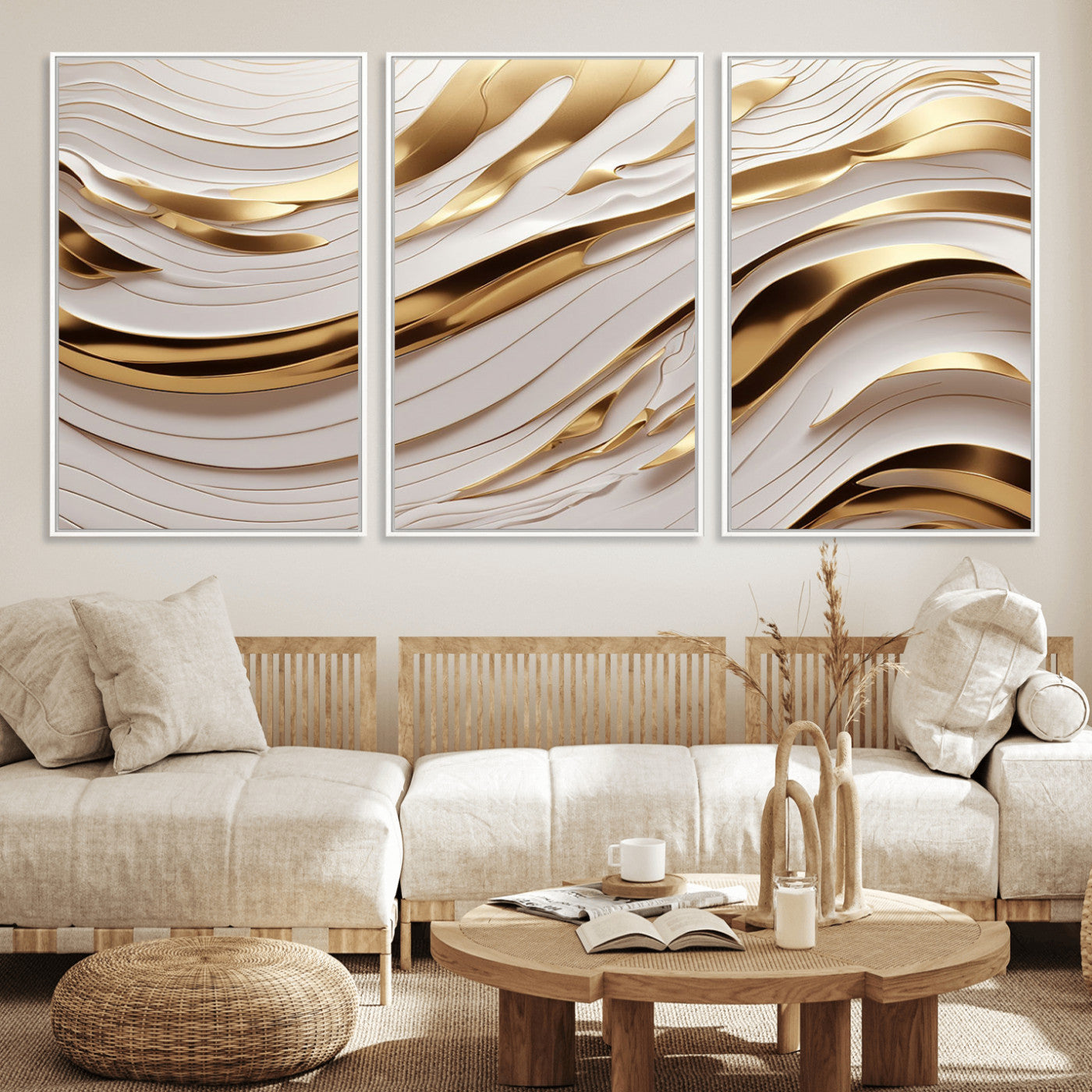 81197-MGV-FC-60X30-3P_White-Gold and White Abstract Wave Canvas – Elegant Flowing Design with Luxurious Golden Accents –