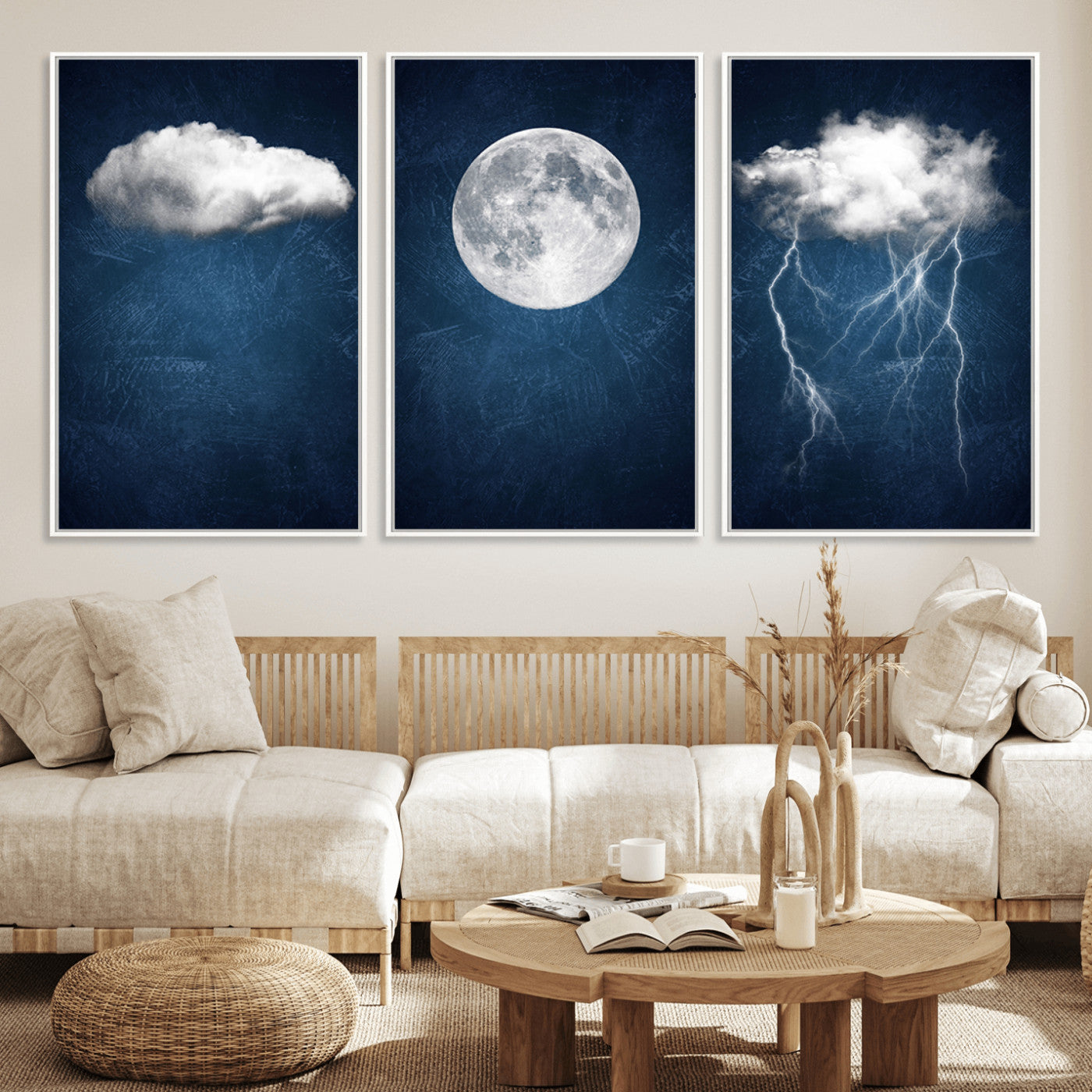 96569-MGV-FC-60X30-3P_White-Dark Blue Cloud Art, 3 Piece Indigo Blue Wall Art, Aesthetic Surreal Art, Thunderstorm Moon Cloud
