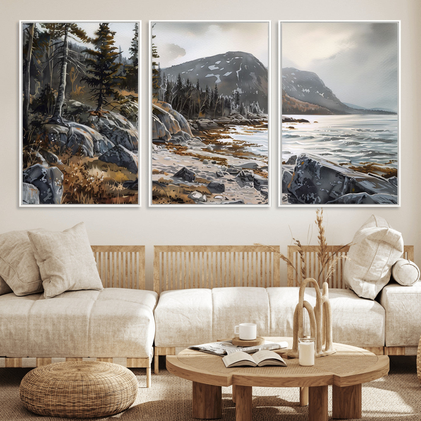 41281-MGV-FC-60X30-3P_White-Serene Coastal View of Acadia National Park - Stunning 3-Panel Wall Art Canvas Print, Framed, Ready