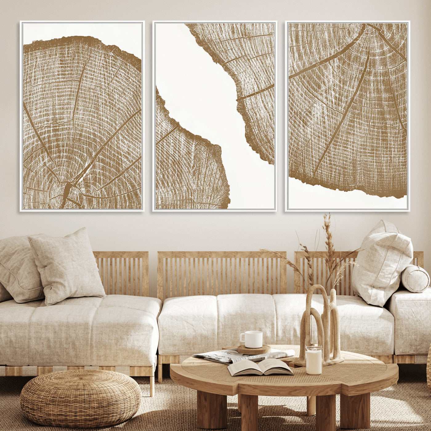 99692-MGV-FC-60X30-3P_White-Rustic Brown Tree Ring Wall Art Canvas Print – Framed and Ready to Hang – Elegant Nature-Inspired