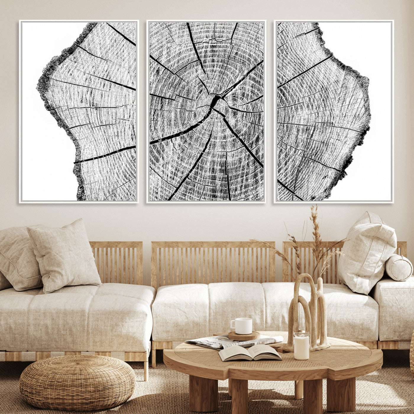 98709-MGV-FC-60X30-3P_White-Rustic Tree Ring Wall Art Canvas Print – Framed and Ready to Hang – Perfect for Nature-Inspired and