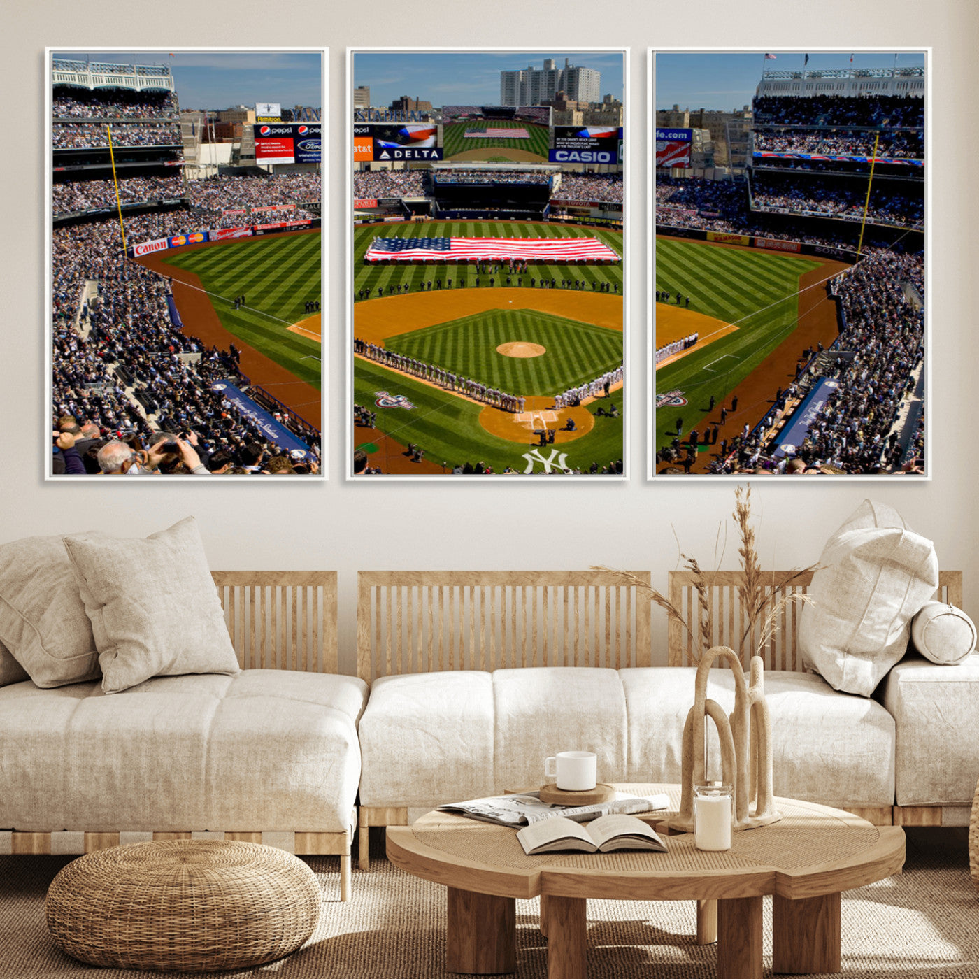 20879-MGV-FC-60X30-3P_White-Yankee Stadium New York Wall Art Print | 3-Panel Canvas Print of Yankees Baseball Stadium | Large