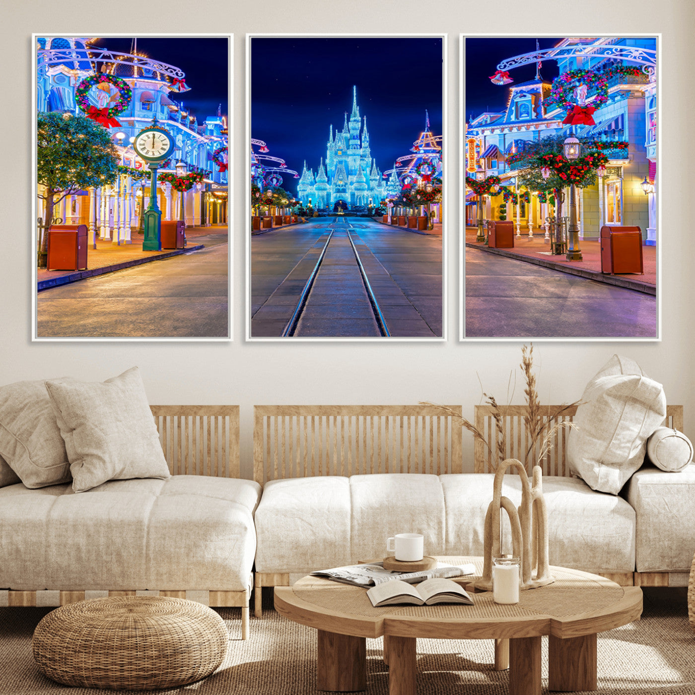 12470-MGV-FC-60X30-3P_White-Disney Castle Wall Art – Large Magic Kingdom Canvas Artwork, Fairytale Design, Kids Room Christmas Decor for Home, Office