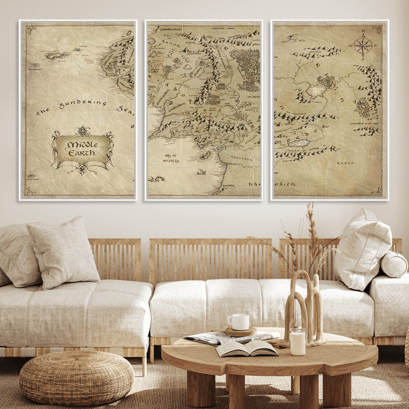 21784-MGV-FC-60X30-3P_White-Vintage Middle Earth Map Wall Art Canvas – Lord of the Rings Inspired Framed Map Print, Classic Fantasy Decor for Home, Office