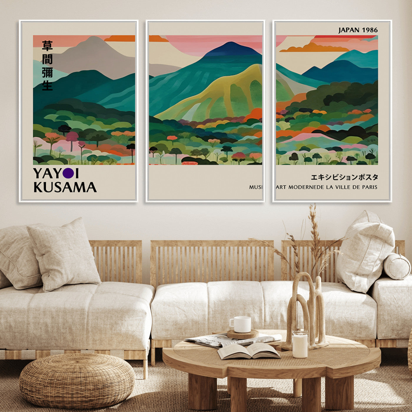 42589-MGV-FC-60X30-3P_White-Yayoi Kusama Wall Art, Yayoi Wall Art Canvas, Vibrant Mountain Landscape Canvas Print with Bold