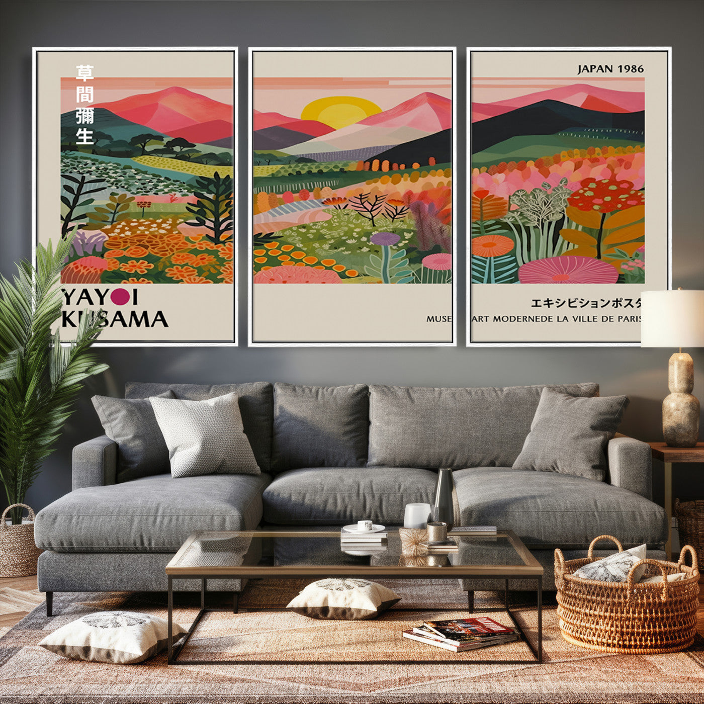 30051-MGV-CV-36X24 - Yayoi Kusama Landscape Canvas Print, Vibrant Floral Mountain Art Print, Framed Botanical Wall Art