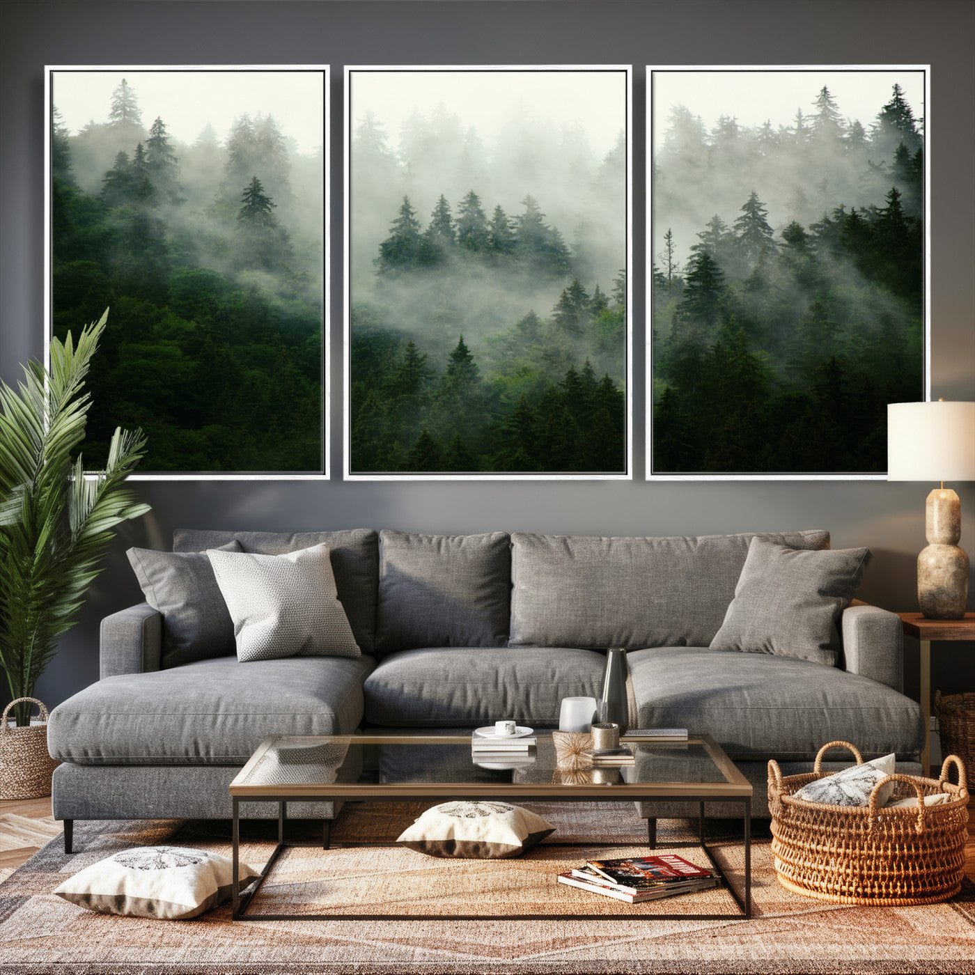 167720496-MGV-CV-36X24 - Misty Forest Mountain Wall Art Canvas | Large 3-Panel Foggy Landscape Canvas Print | Nature Misty
