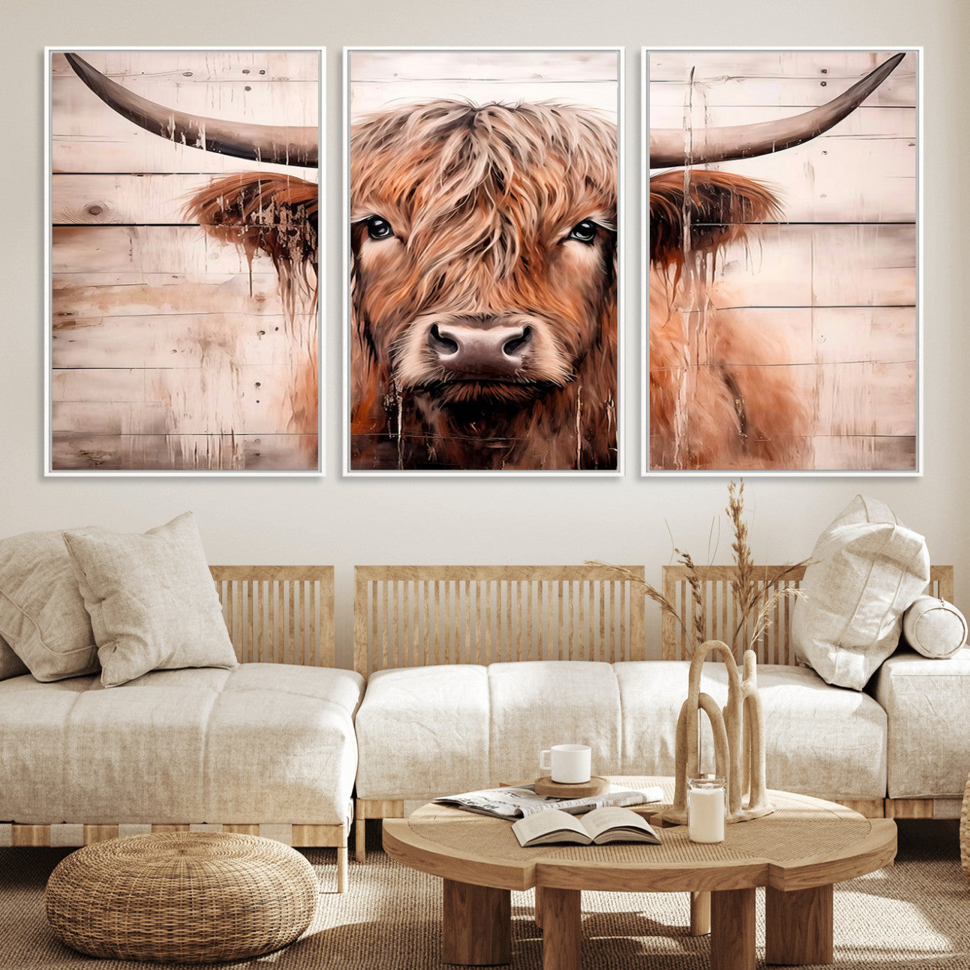 93730-MGV-FC-60X30-3P_White-Vintage Scottish Highland Cow Cattle Art Print Farmhouse Wall Art Canvas Print