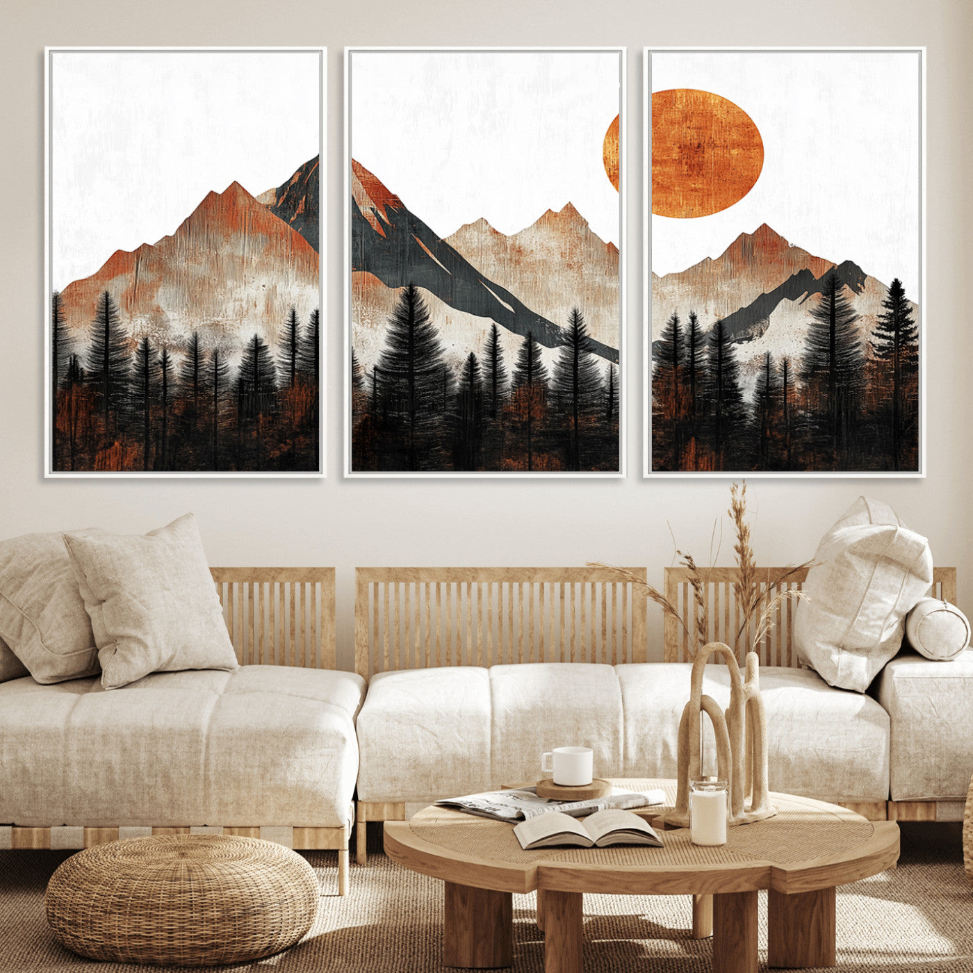 71366-MGV-FC-60X30-3P_White-Modern Abstract Mountain Canvas Wall Art Print, Abstract Landscape Print, Rustic Sun and Mountains