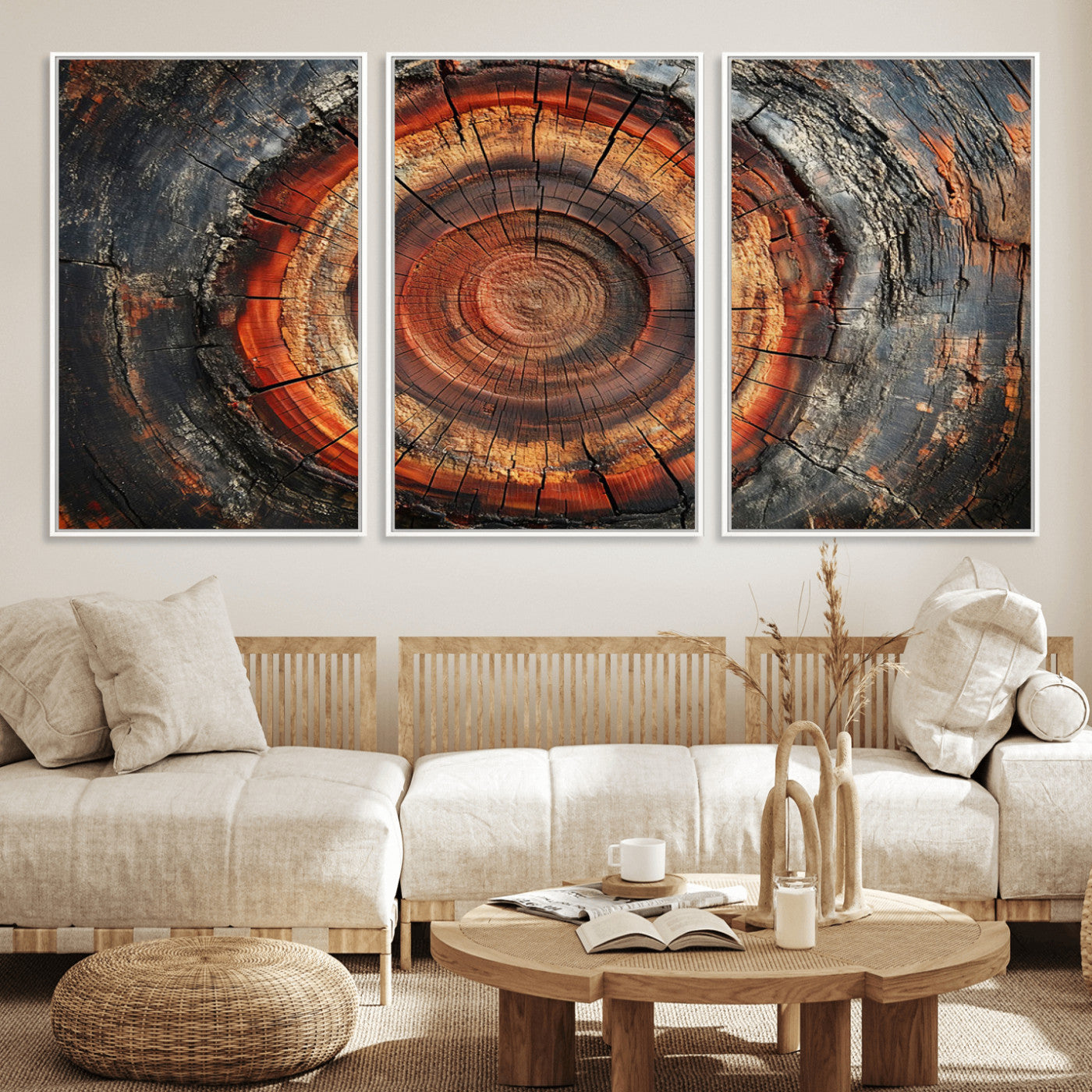82212-MGV-FC-60X30-3P_White-Wood Grain Canvas Wall Art - Framed Abstract Tree Ring Framed Wall Art, Wood Grain Canvas Wall