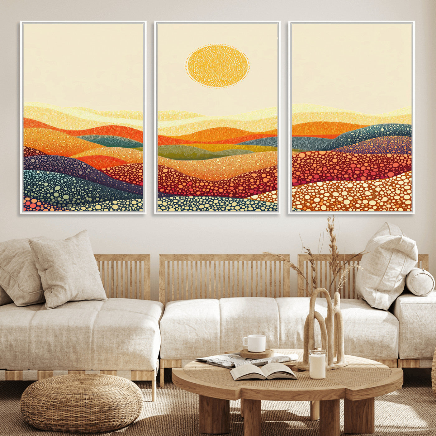 74226-MGV-FC-60X30-3P_White-YAYOI KUSAMA Colorful Dot Art Landscape Canvas - Framed Abstract Pointillism Inspired by Nature with