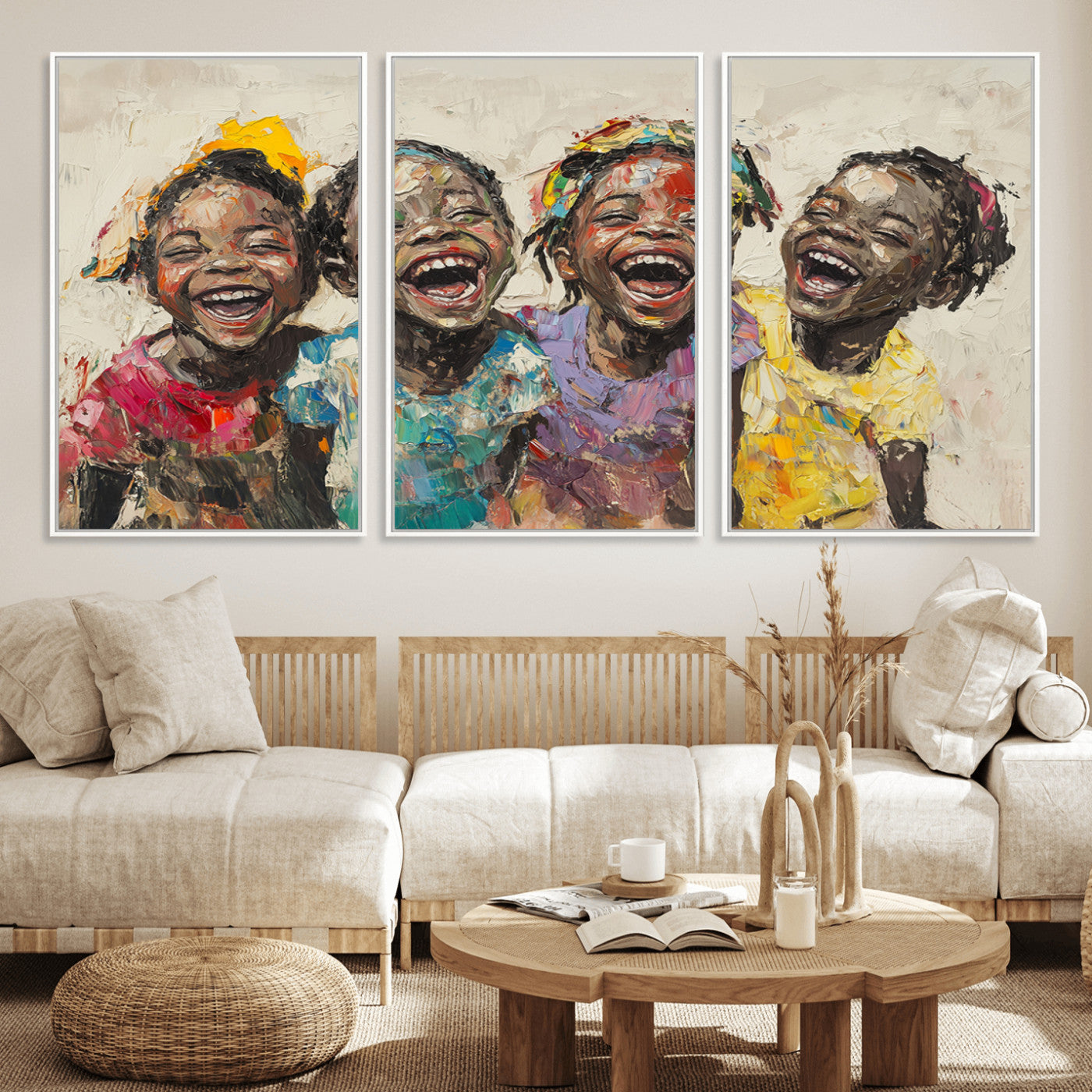93034-MGV-FC-60X30-3P_White-Shai Yossef style Joyful Childhood Canvas Wall Art - Expressive Impasto Painting of Black Children