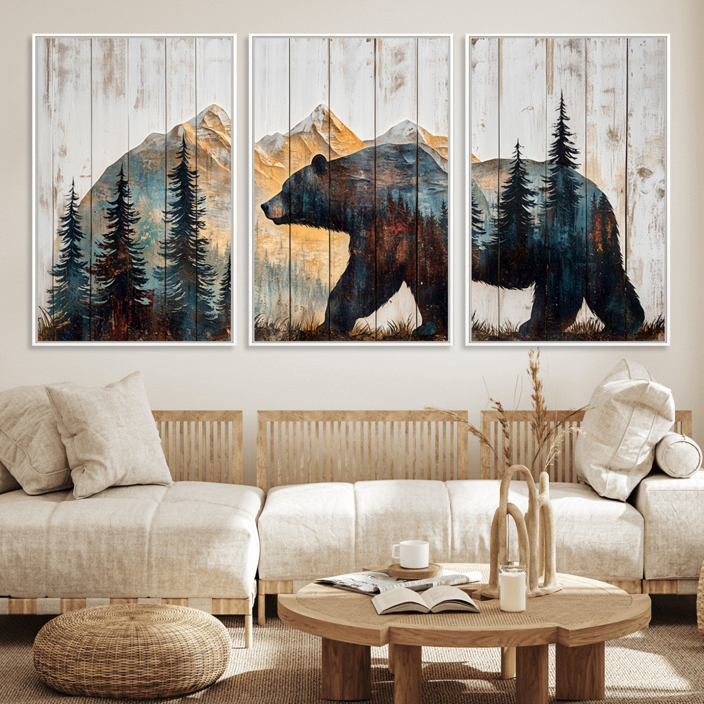 90077-MGV-FC-60X30-3P_White-Rustic Bear Wall Art - Grizzly 399 Bear Wall Art - Mountain Wood Canvas Wall Art - Nature Theme