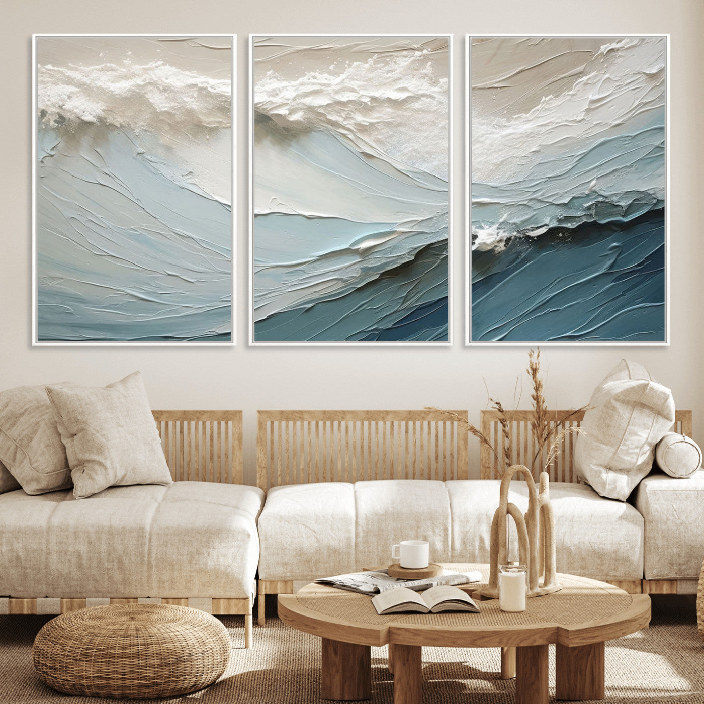 36946-MGV-FC-60X30-3P_White-Waves Abstract Wall Art Print, Modern Framed Abstract Canvas Print, Abstract Painting for Living