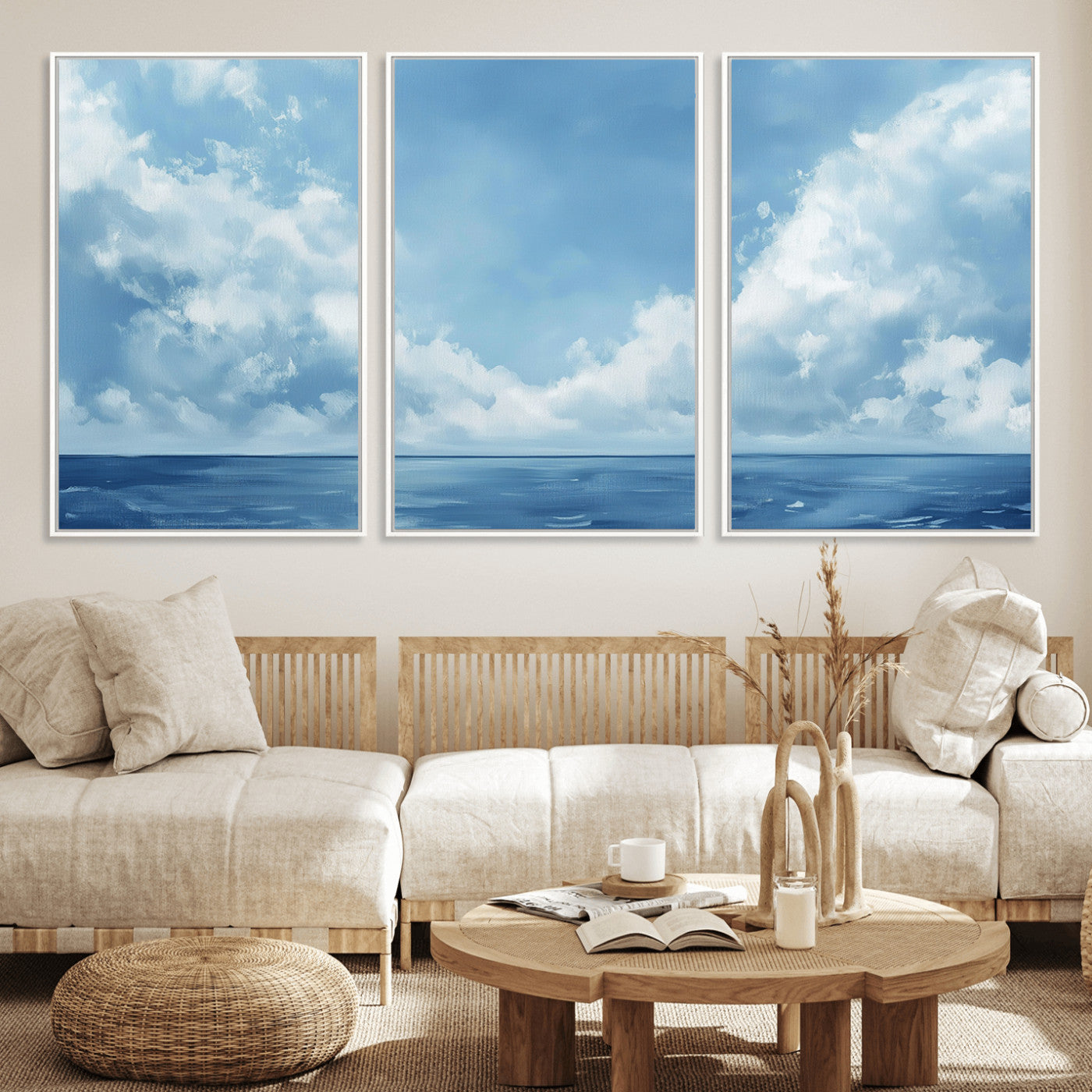 57554-MGV-FC-60X30-3P_White-Abstract Ocean Print Artwork- Serene Blue Ocean Canvas Wall Art - Minimalist Ocean and Sky Canvas