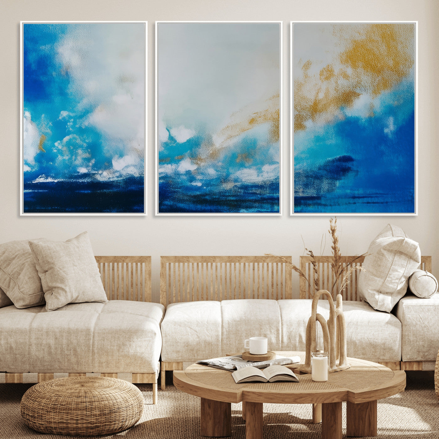 84745-MGV-FC-60X30-3P_White-Blue Abstract Print - Dynamic Ocean-Inspired Canvas Wall Art