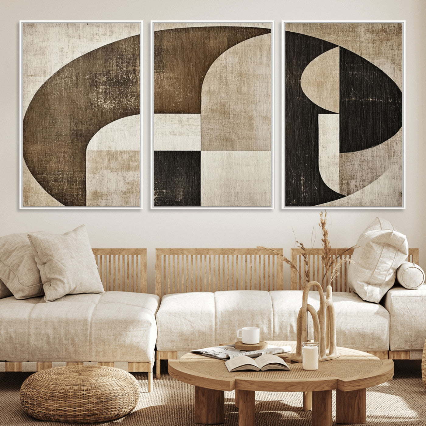 44796-MGV-FC-60X30-3P_White-Wabi Sabi Abstract Wall Art | Geometric Modern Minimalist Canvas Print with Neutral Mid Century Art