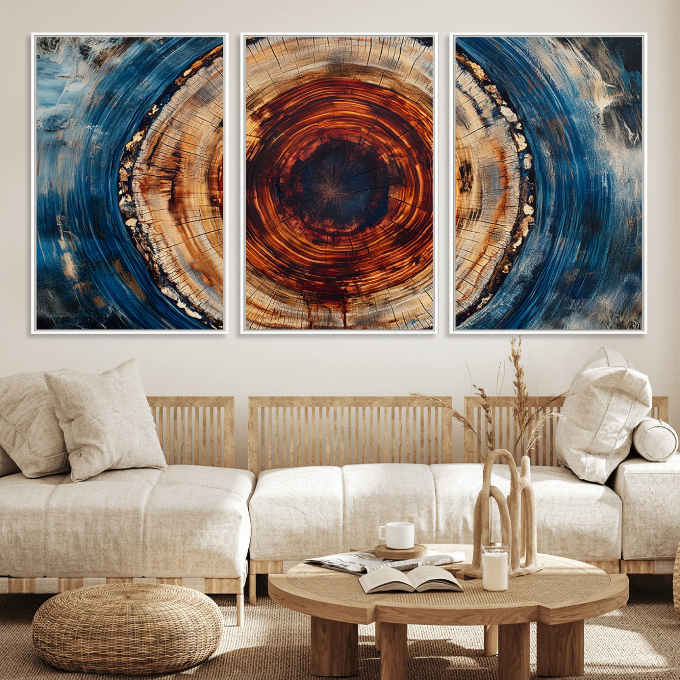 90395-MGV-FC-60X30-3P_White-Abstract Framed Tree Rings Wall Decor, Wood Grain Rings Artwork Print, Nature Woodland Modern Wall
