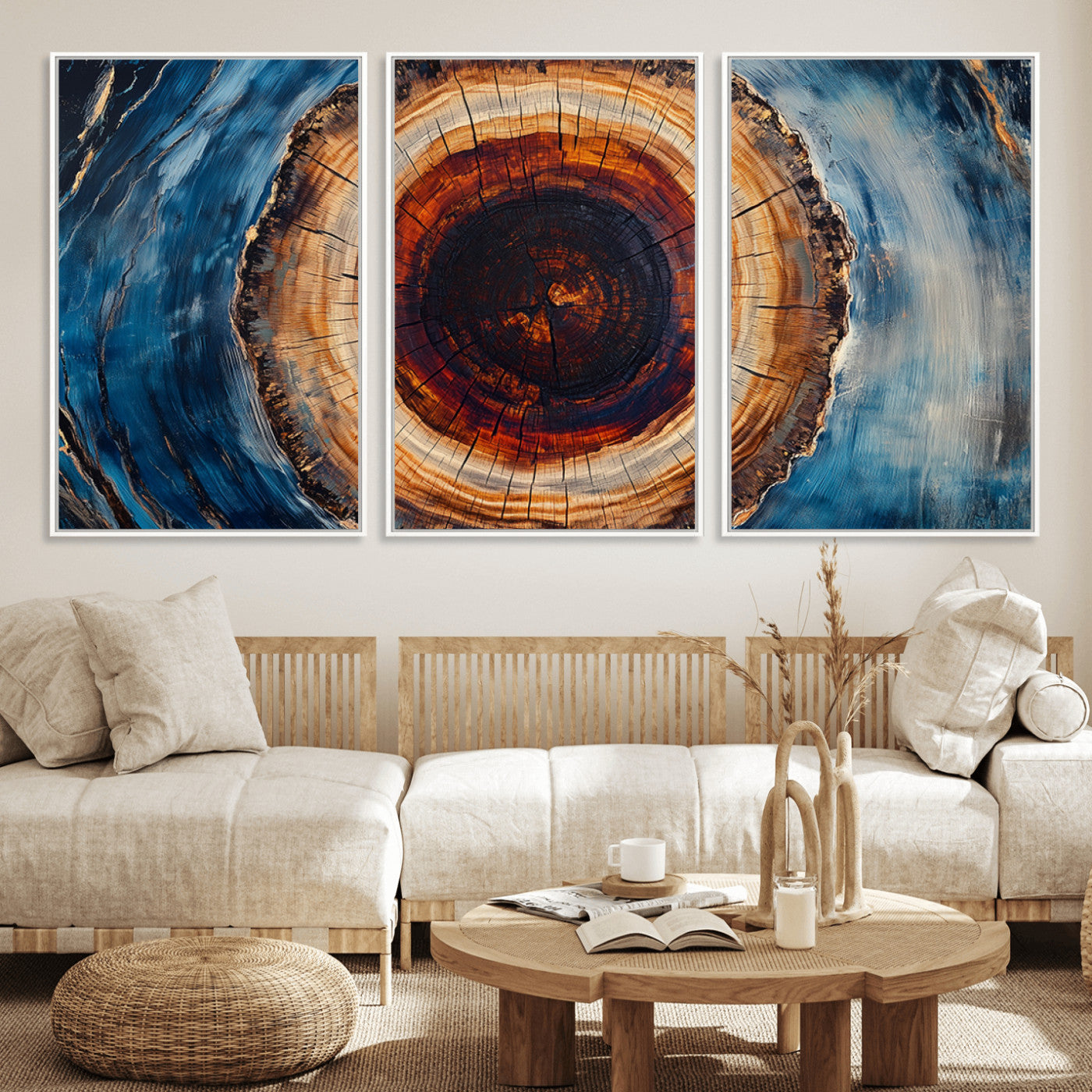 30457-MGV-FC-60X30-3P_White-Framed Abstract Tree Ring Wall Art Print, Natural Rustic Wood Texture Canvas Print, Wood Tree Stump