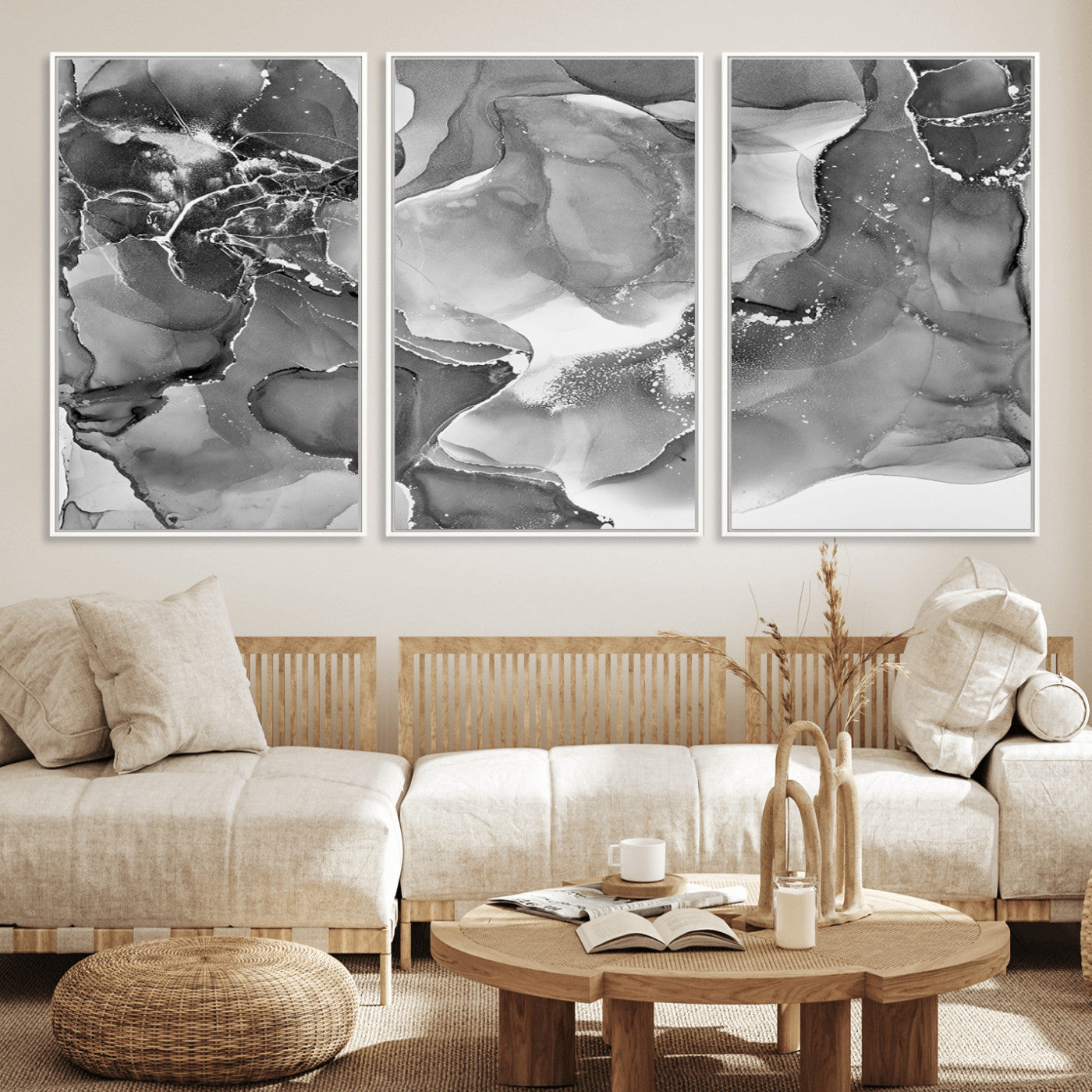 15911-MGV-FC-60X30-3P_White-Black White Abstract Canvas Wall Art - Fluid Ink Artwork - Modern Luxury Wall Decor for Contemporary