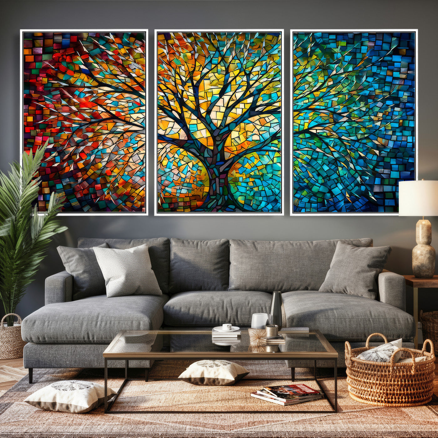 99325-MGV-CV-36X24 - Yggdrasil Tree of Life Wall Art Print Canvas | Mosaic Style 3-Panel Canvas Print