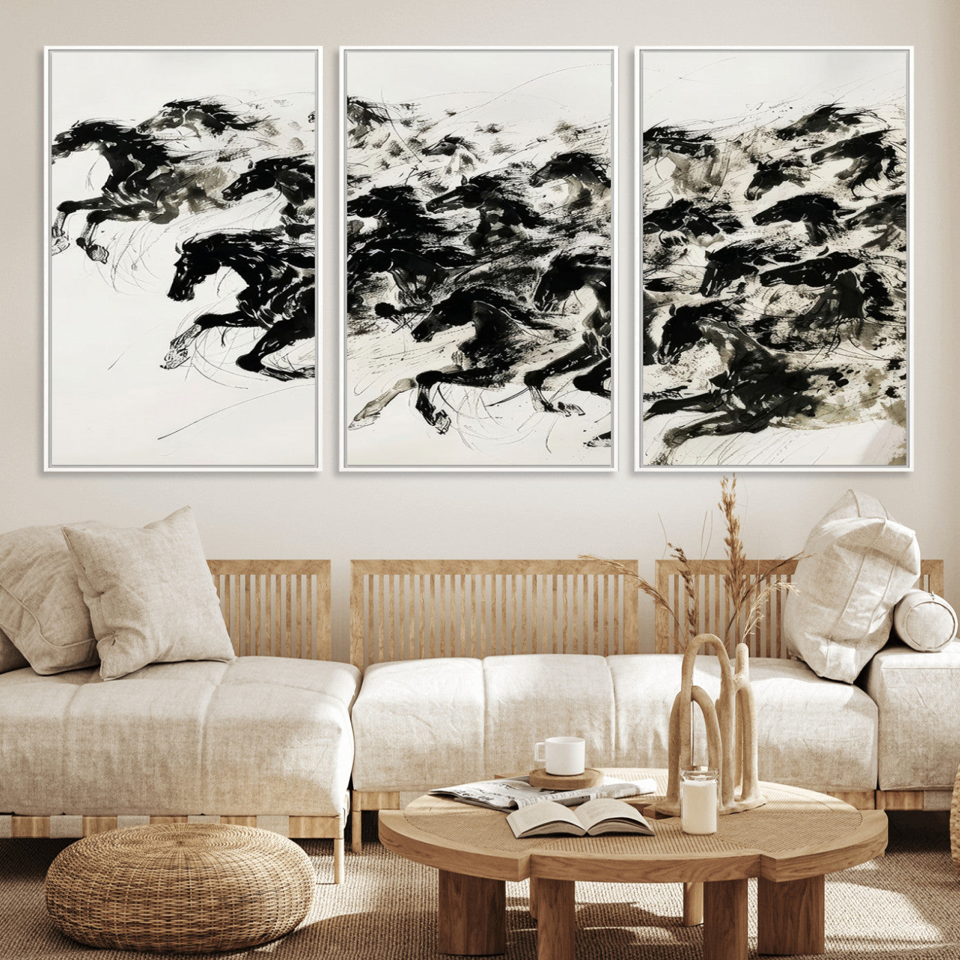 MGV-FC-60X30-3P - Abstract Horse Wall Art Canvas Print - Dynamic Black Ink Horse Print - Modern Equine Wall Decor for