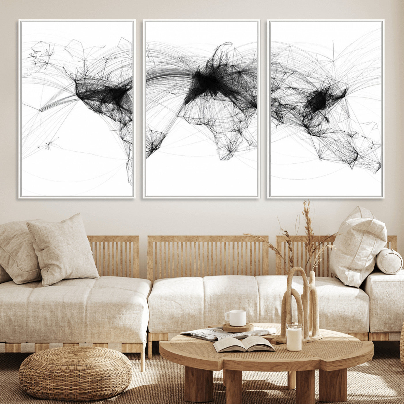 50136-MGV-FC-60X30-3P_White-Abstract World Map Wall Art – Framed Geometric Line Canvas Artwork, Modern Global Design, Contemporary Decor for Home, Office