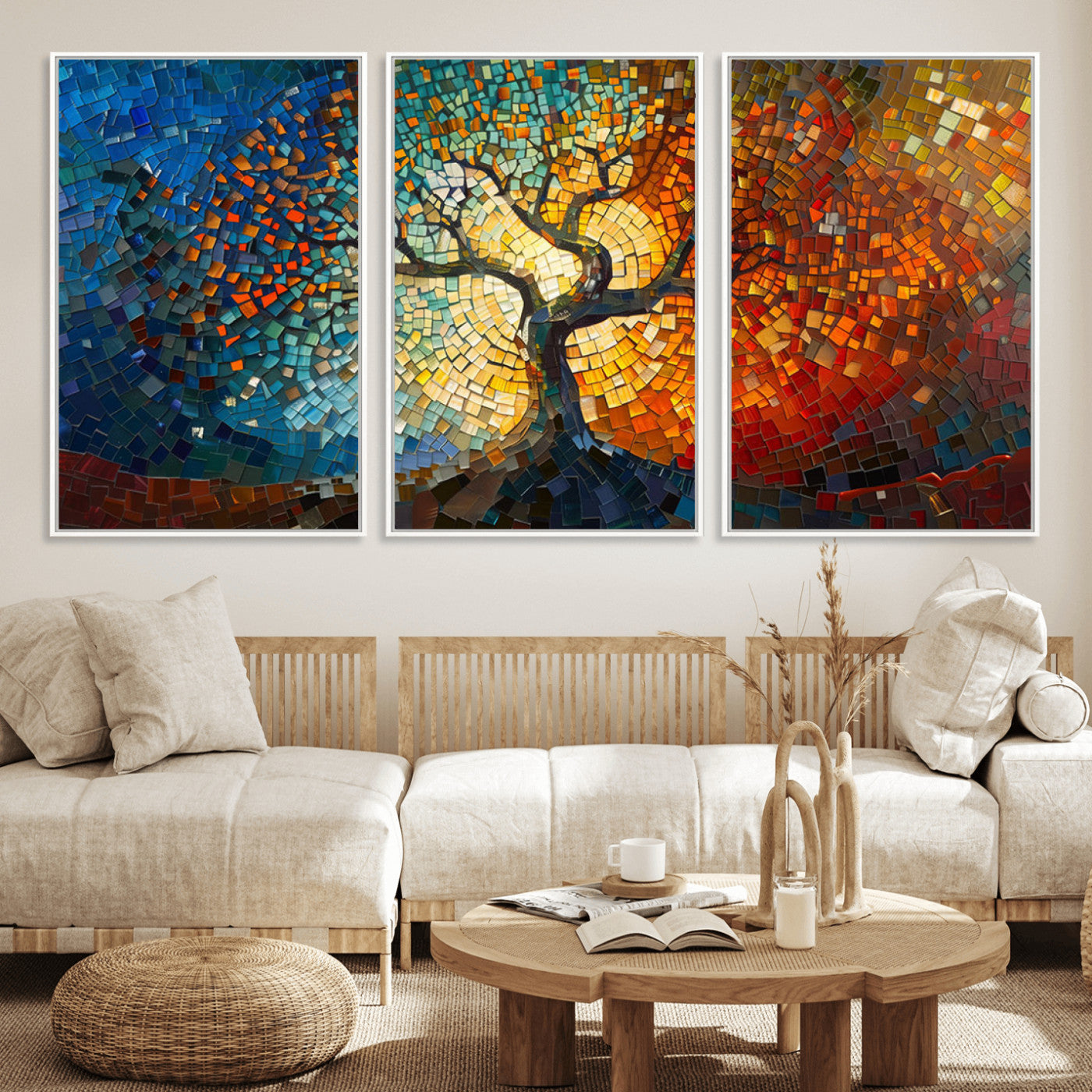 66056-MGV-FC-60X30-3P_White-Mosaic Tree Canvas Wall Art Canvas Print – Vibrant Stained Glass-Inspired Tree of Life - Ready to